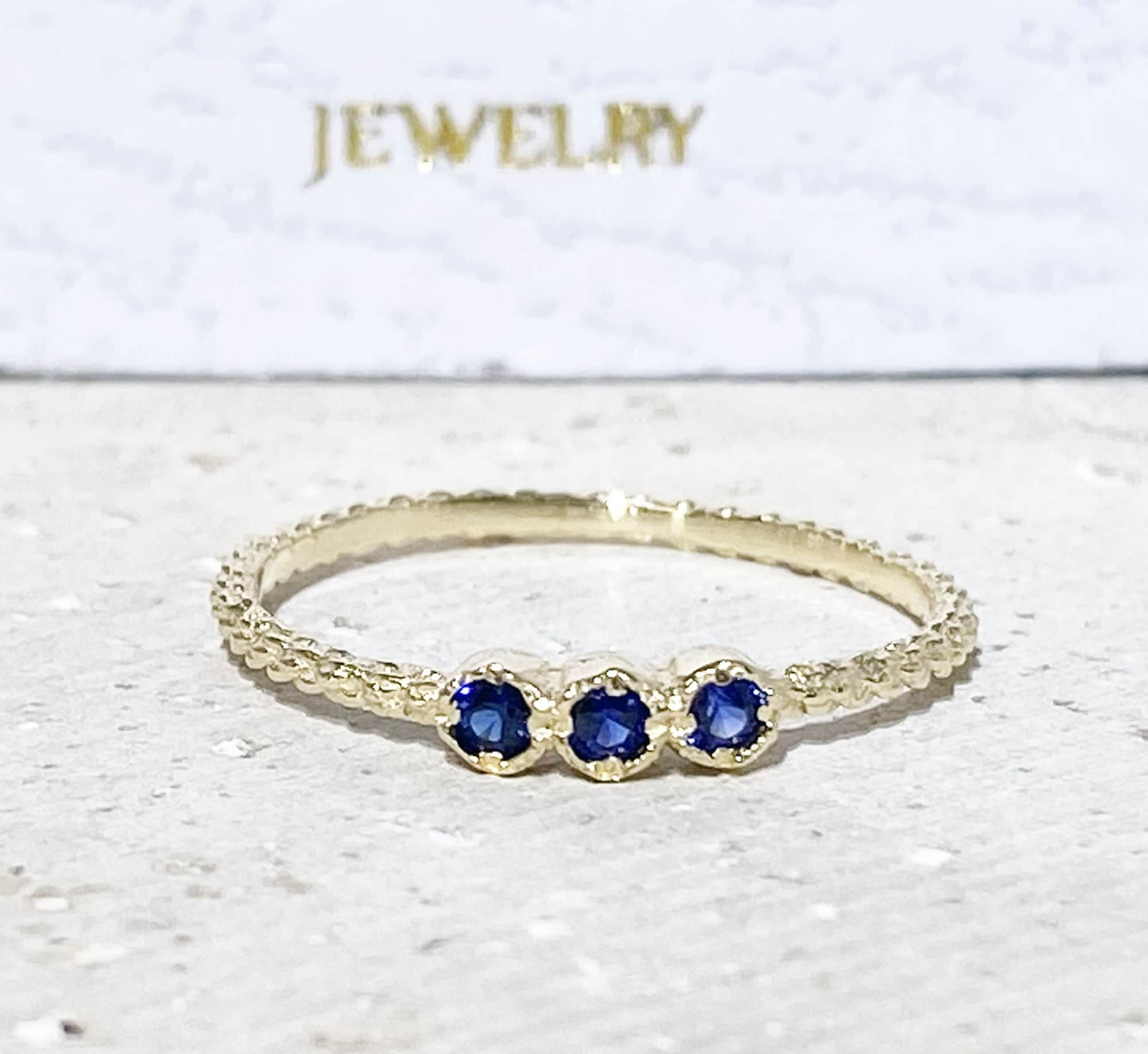 Blue Sapphire Ring - September Birthstone - Delicate Stacking Ring with Three Round Blue Sapphire Gemstones - H.L.Jewelry