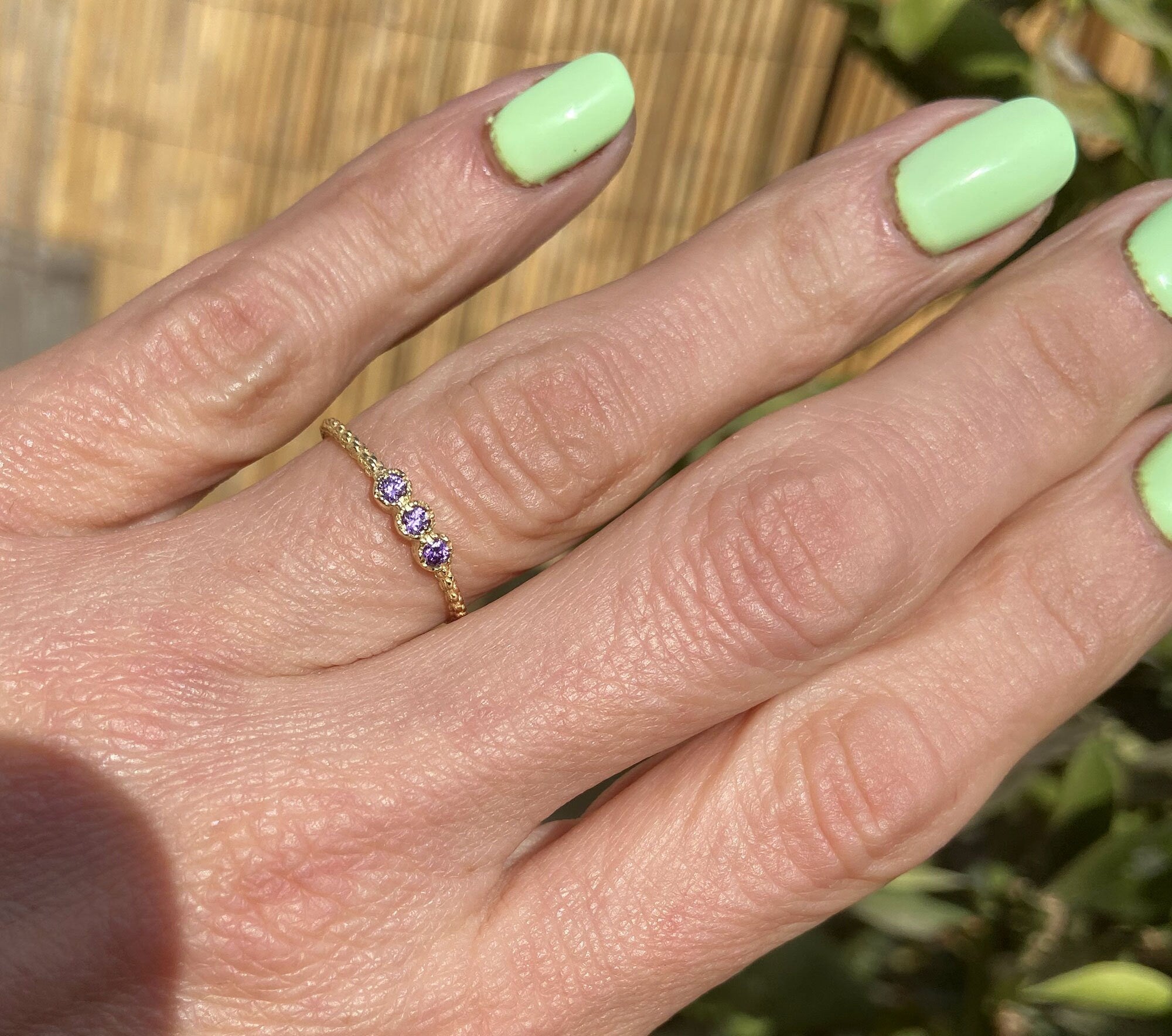 Amethyst Ring - February Birthstone - Tiny Stacking Ring with Three Round Amethyst Gemstones - H.L.Jewelry