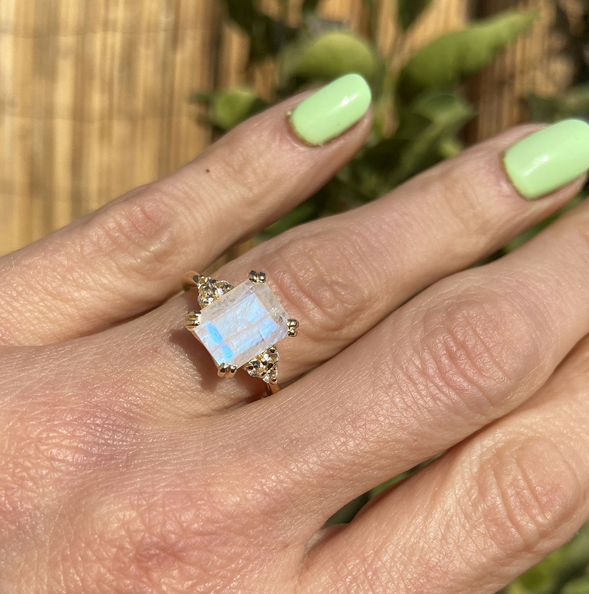 Rainbow Moonstone Ring - June Birthstone - Octagon Rainbow Moonstone Statement Engagement Ring with Clear Quartz Accents - H.L.Jewelry