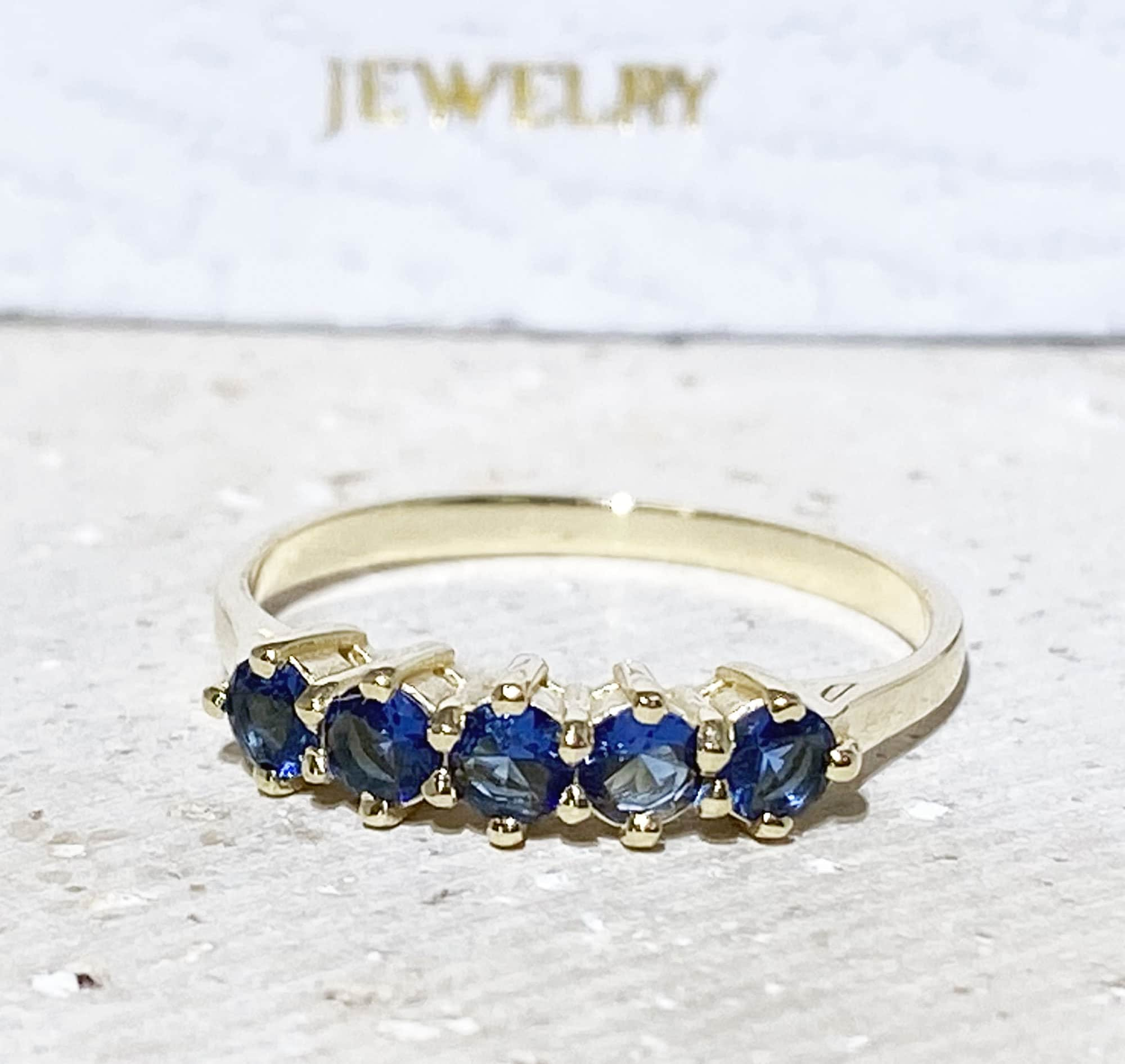 Blue Sapphire Ring - September Birthstone - Stacking Ring with Five Round Blue Sapphire Gemstones - H.L.Jewelry