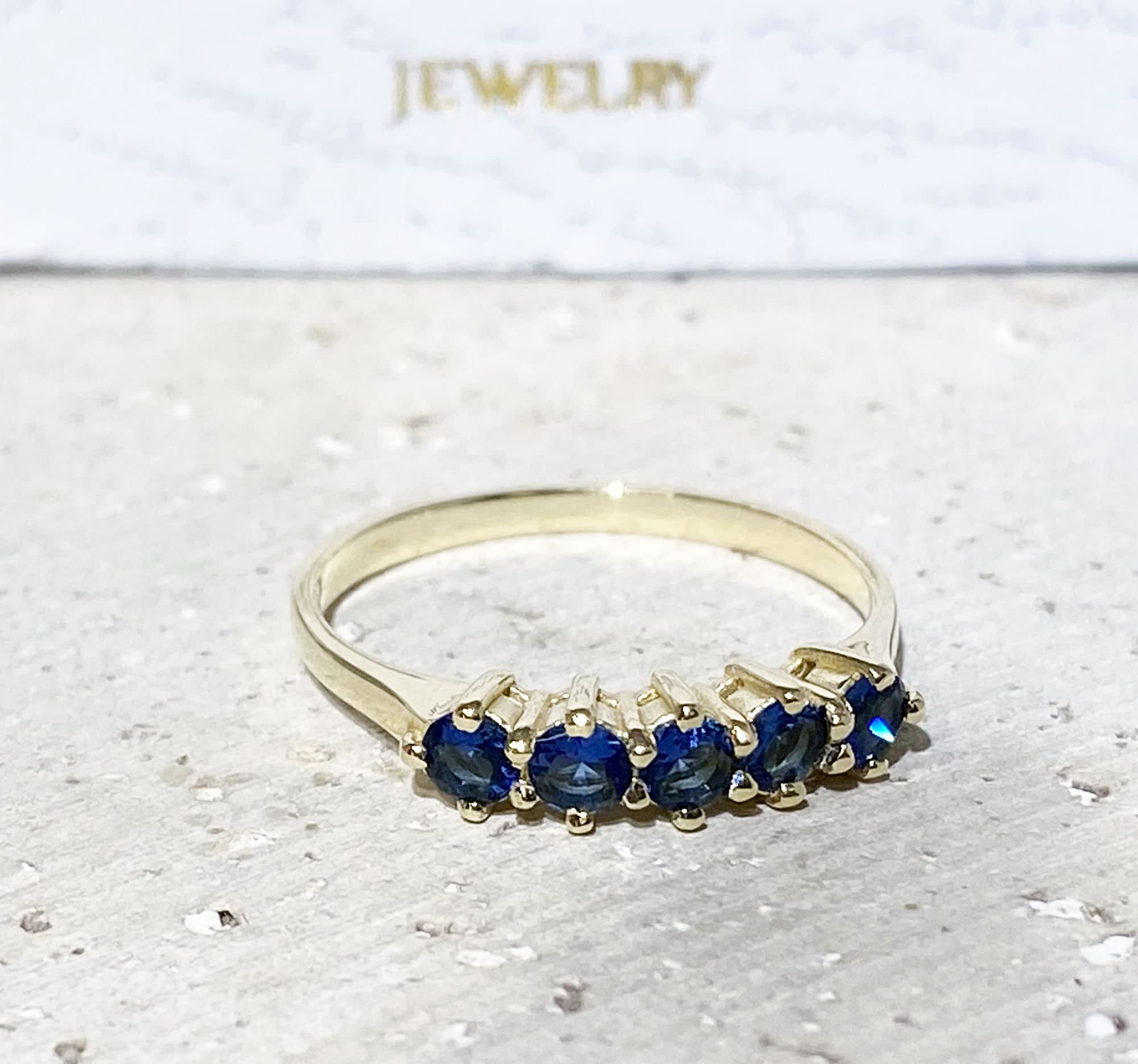 Blue Sapphire Ring - September Birthstone - Stacking Ring with Five Round Blue Sapphire Gemstones - H.L.Jewelry