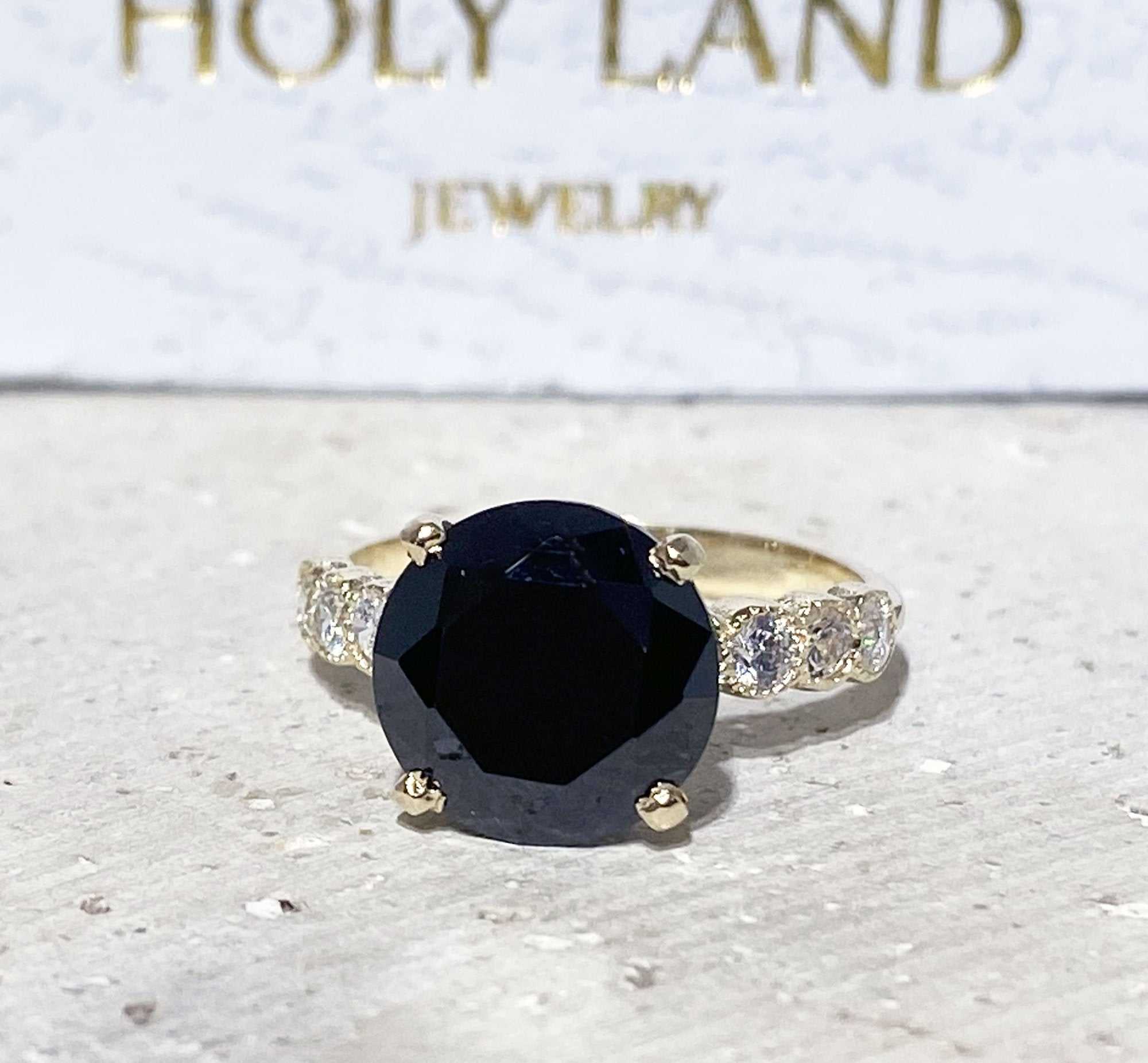 Black Onyx Ring - December Birthstone - Statement Engagement Ring with Round Black Onyx Gemstone and Clear Quartz Accents - H.L.Jewelry