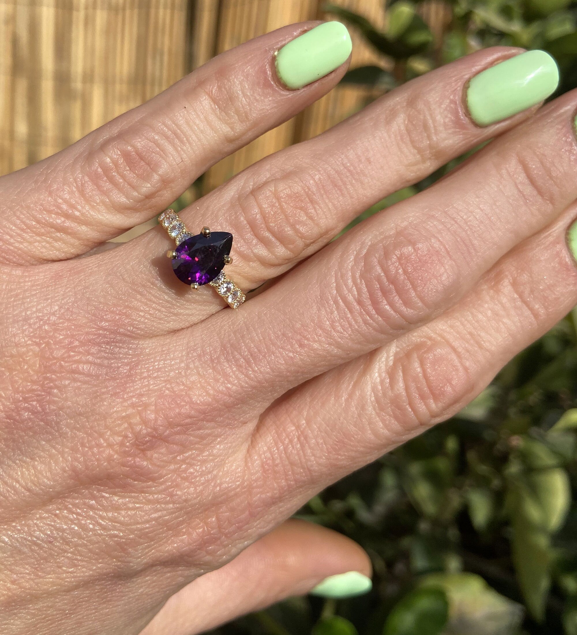 Purple Amethyst Ring - February Birthstone - Pear-Shaped Purple Amethyst Gemstone Statement Engagement Ring with Clear Quartz Accents - H.L.Jewelry