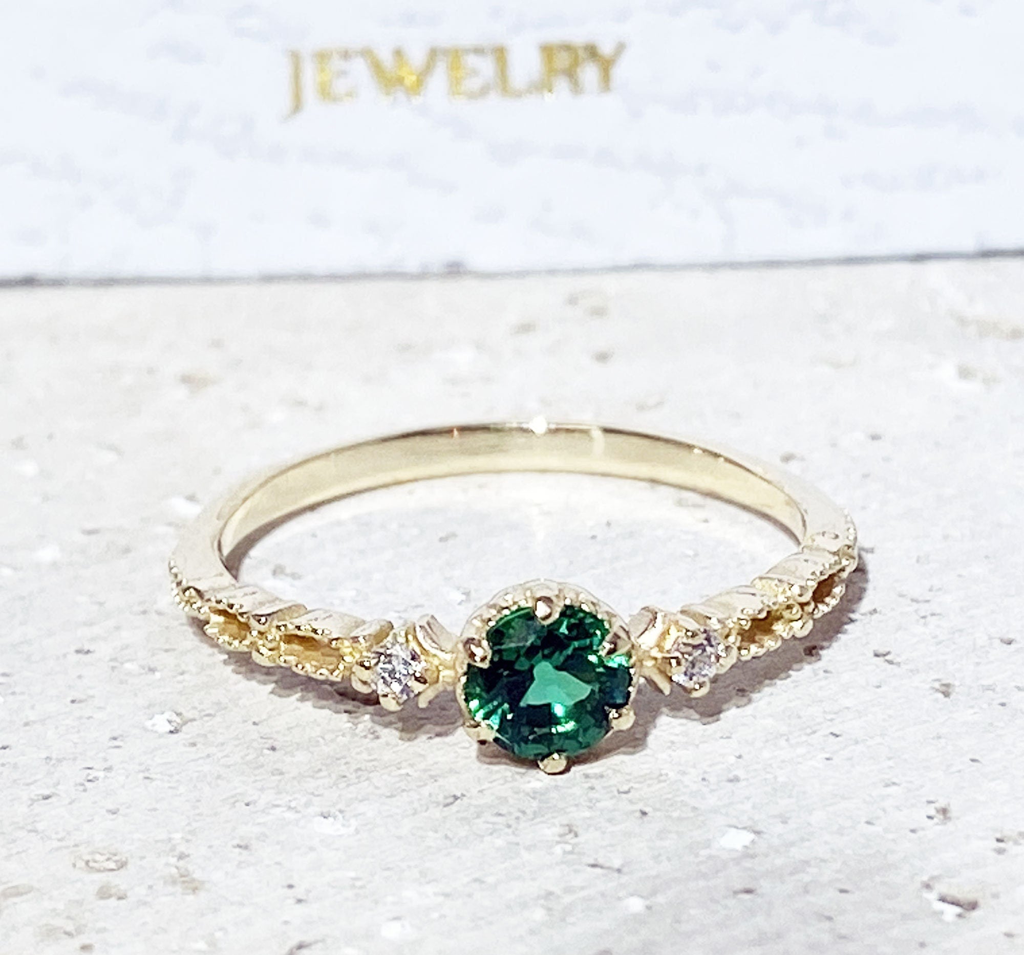 Emerald Ring - May Birthstone - Delicate Ring with Round Emerald Gemstone and Clear Quartz Accents - H.L.Jewelry