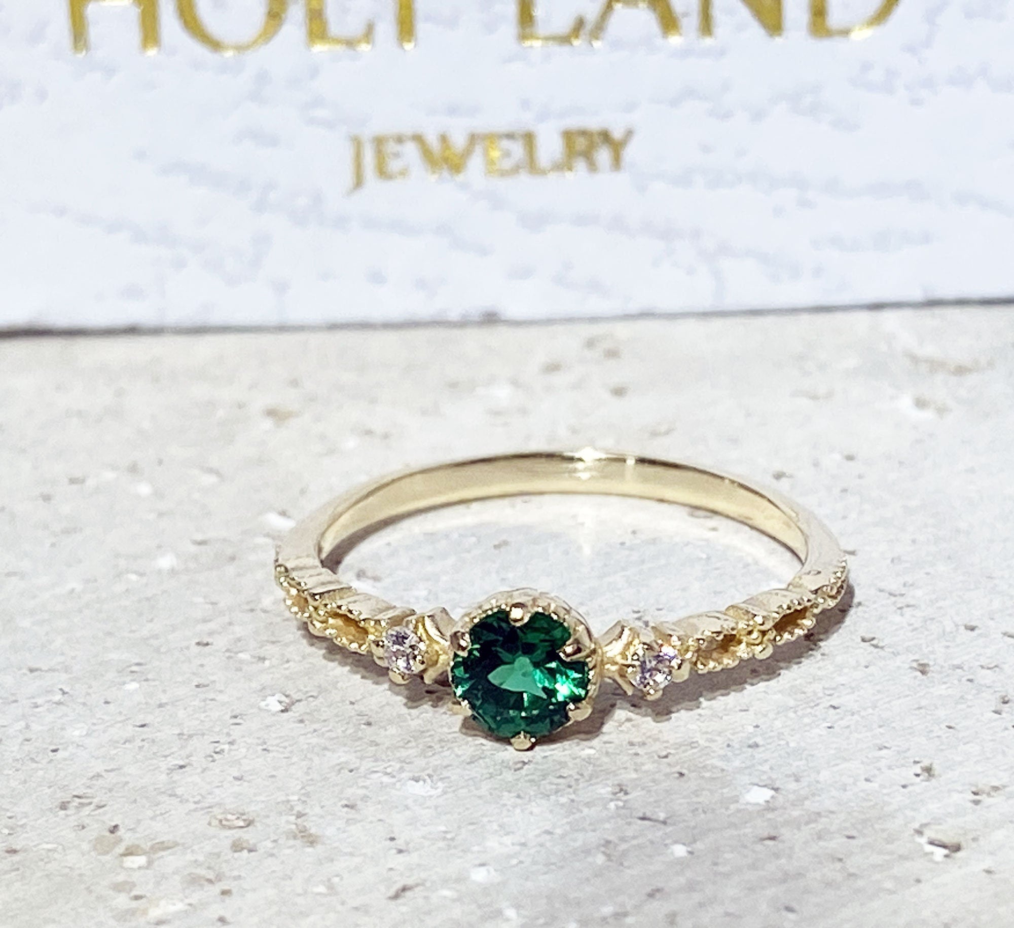 Emerald Ring - May Birthstone - Delicate Ring with Round Emerald Gemstone and Clear Quartz Accents - H.L.Jewelry