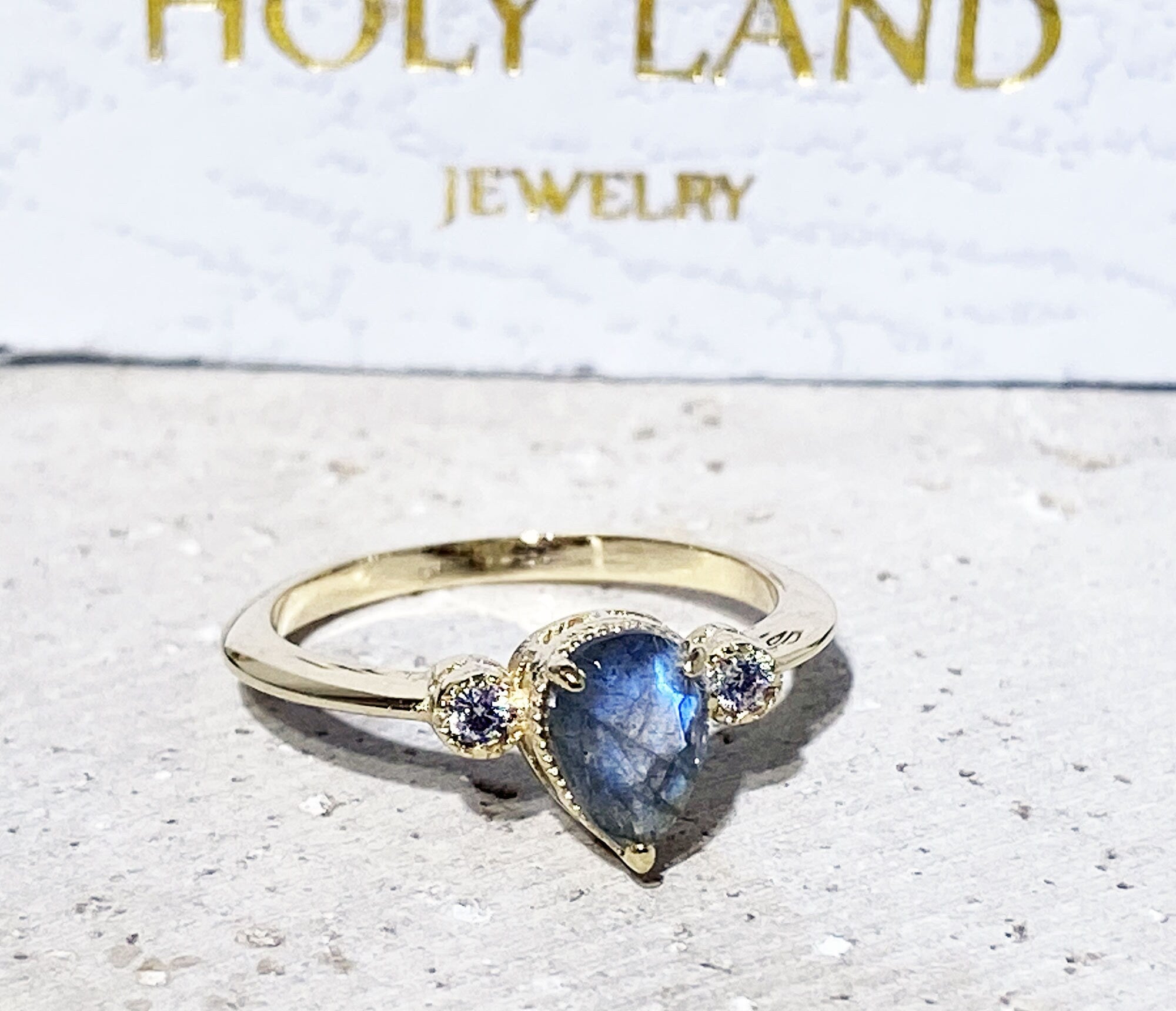 Labradorite Ring - Delicate Ring with Pear-Shaped Labradorite Gemstone and Clear Quartz Accents - H.L.Jewelry