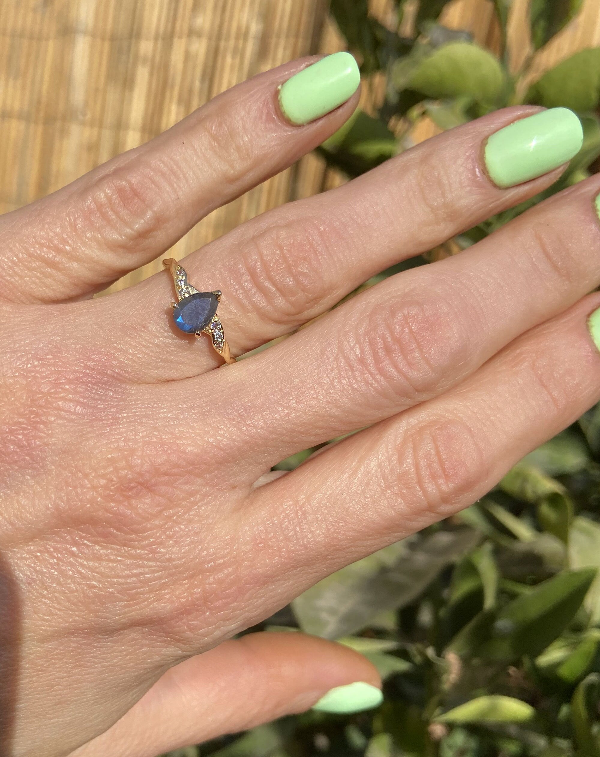 Labradorite Ring - Delicate Ring with Pear-Shaped Labradorite Gemstone and Clear Quartz Accents - H.L.Jewelry