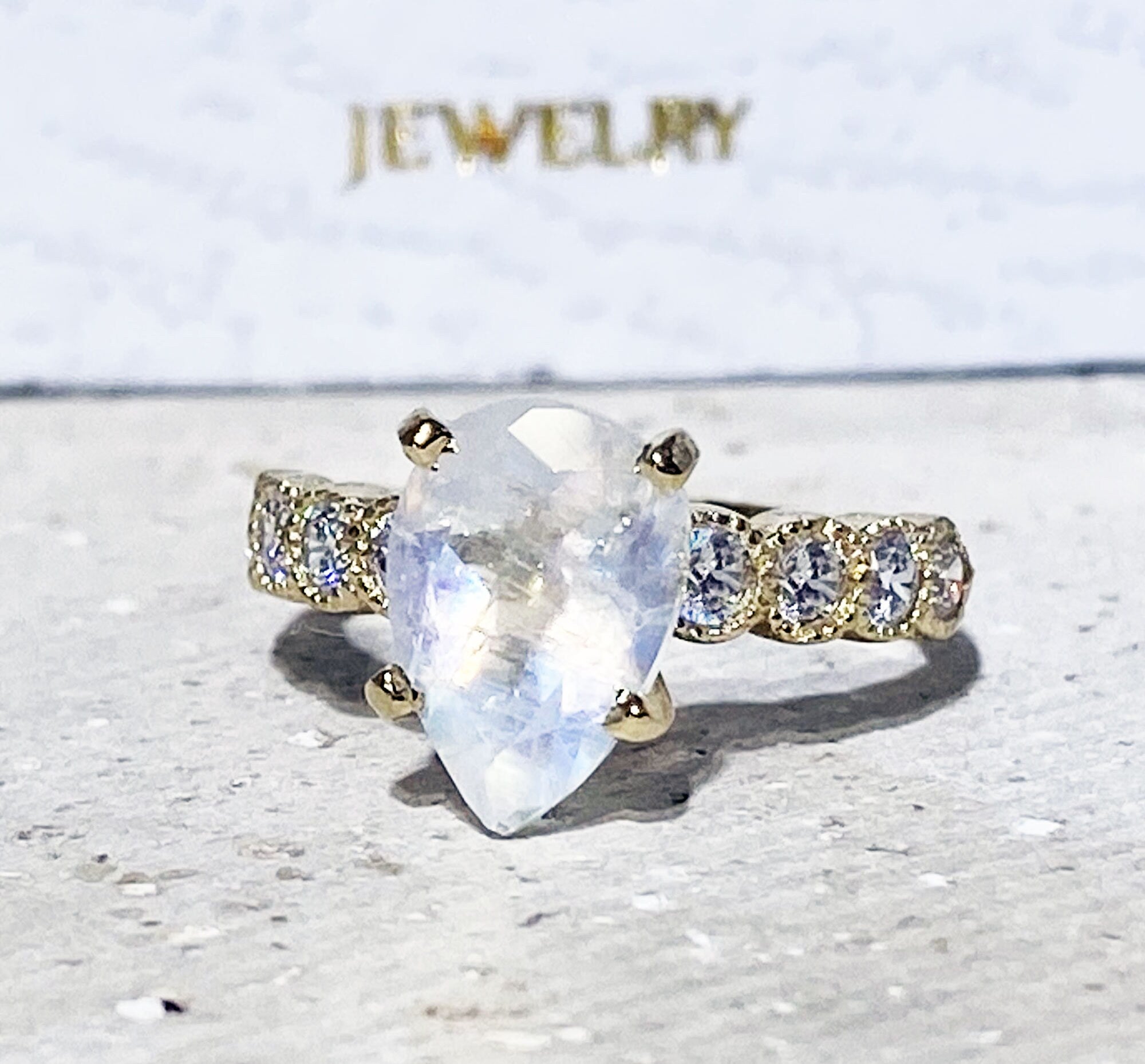 Rainbow Moonstone Ring - June Birthstone - Pear-Shaped Rainbow Moonstone Statement Engagement Ring with Clear Quartz Accents - H.L.Jewelry