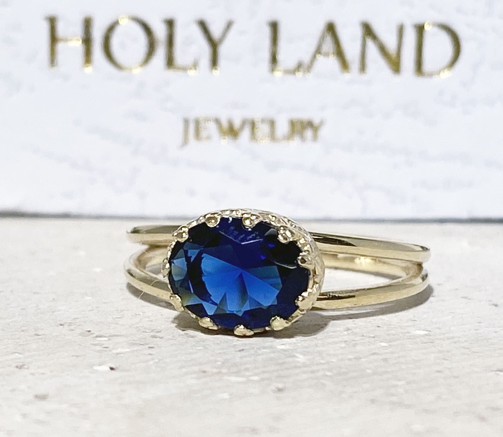 Blue Sapphire Ring - September Birthstone - Blue Sapphire Gemstone Double Band Vintage Oval Crown Ring - H.L.Jewelry