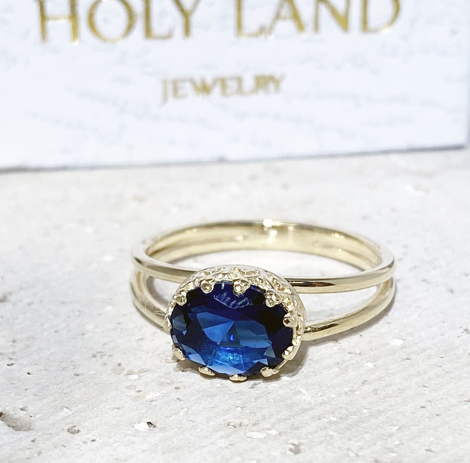 Blue Sapphire Ring - September Birthstone - Blue Sapphire Gemstone Double Band Vintage Oval Crown Ring - H.L.Jewelry