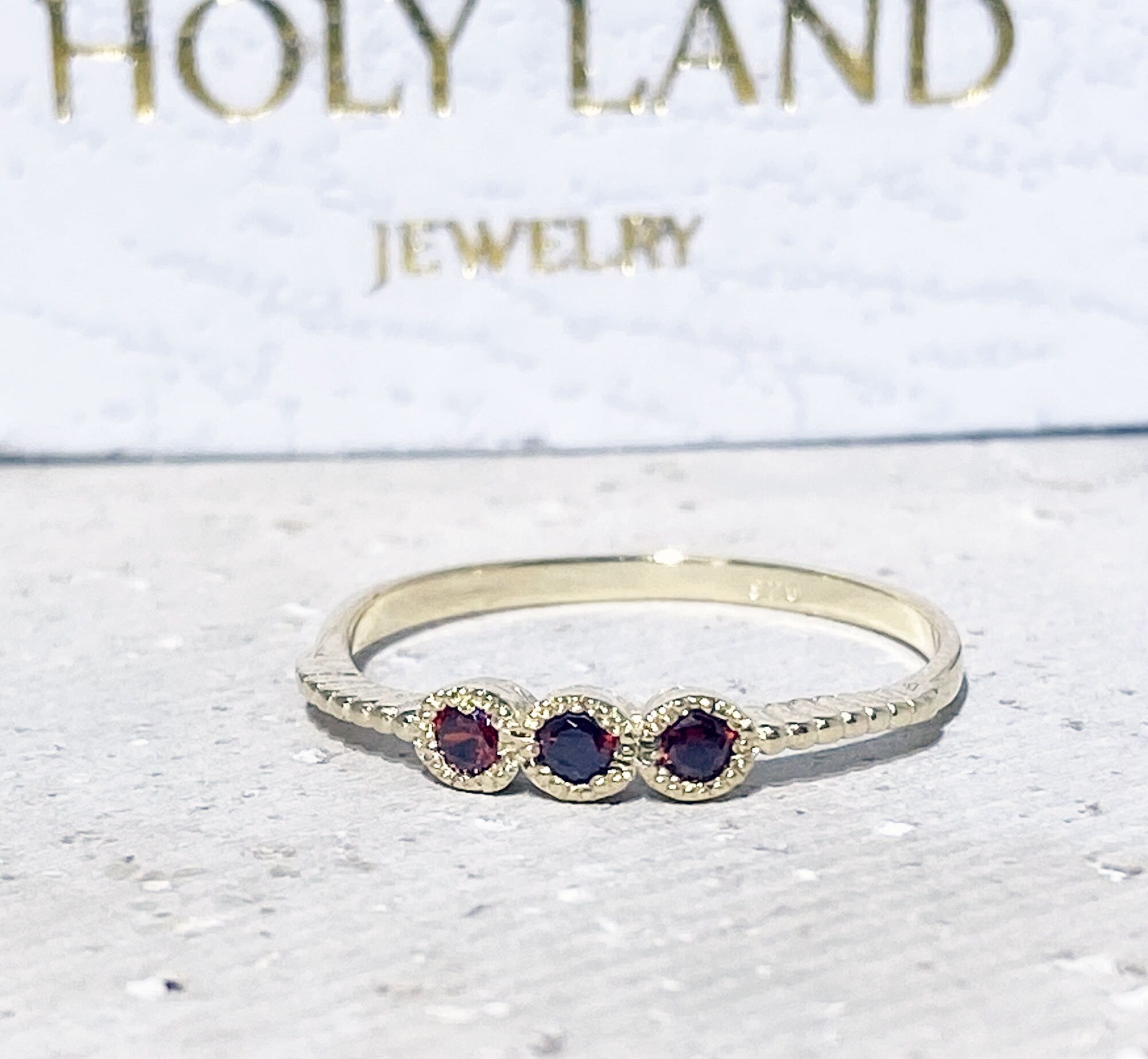 Red Garnet Ring - January Birthstone - Three Round Red Garnet Gemstones Delicate Stacking Ring - H.L.Jewelry