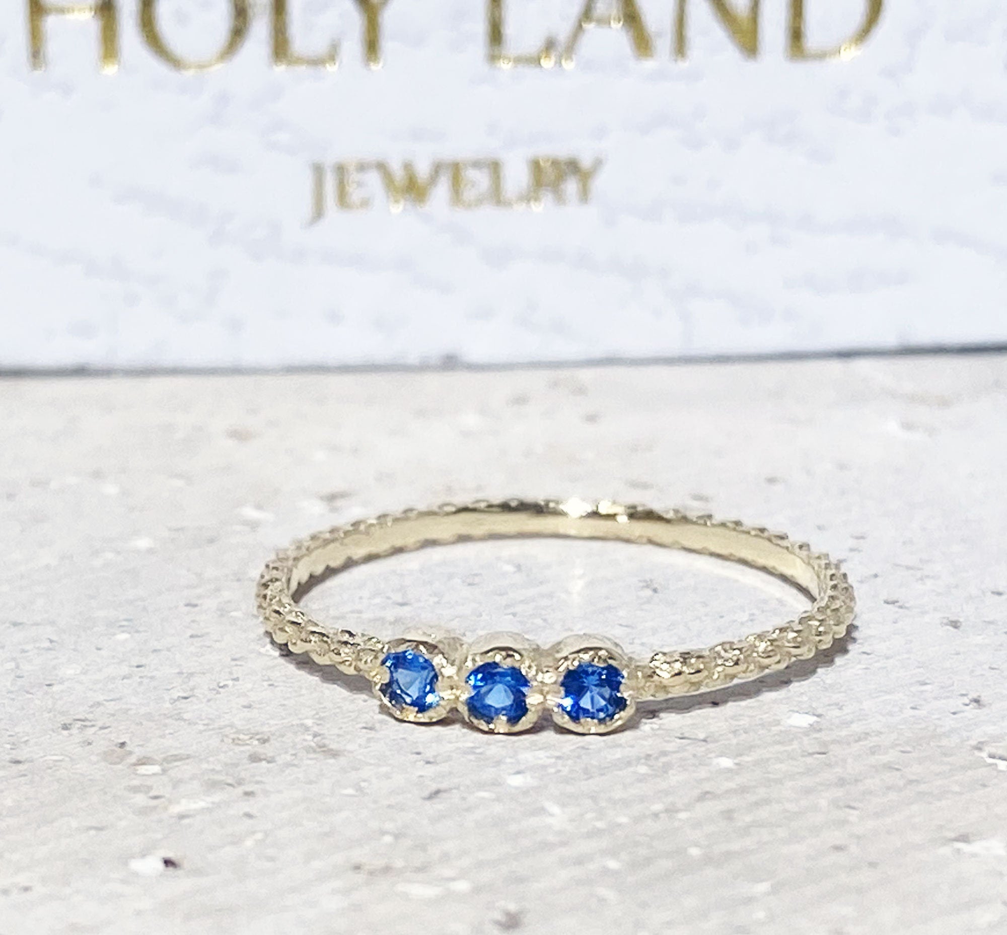 Blue Topaz Ring - December Birthstone - Delicate Stacking Ring with Three Round Blue Topaz Gemstones - H.L.Jewelry