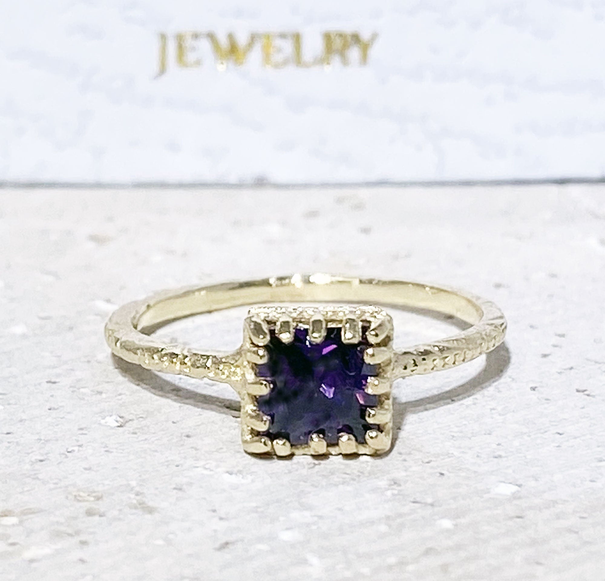 Amethyst Ring - February Birthstone - Delicate Hammered Ring with Square Purple Amethyst - H.L.Jewelry