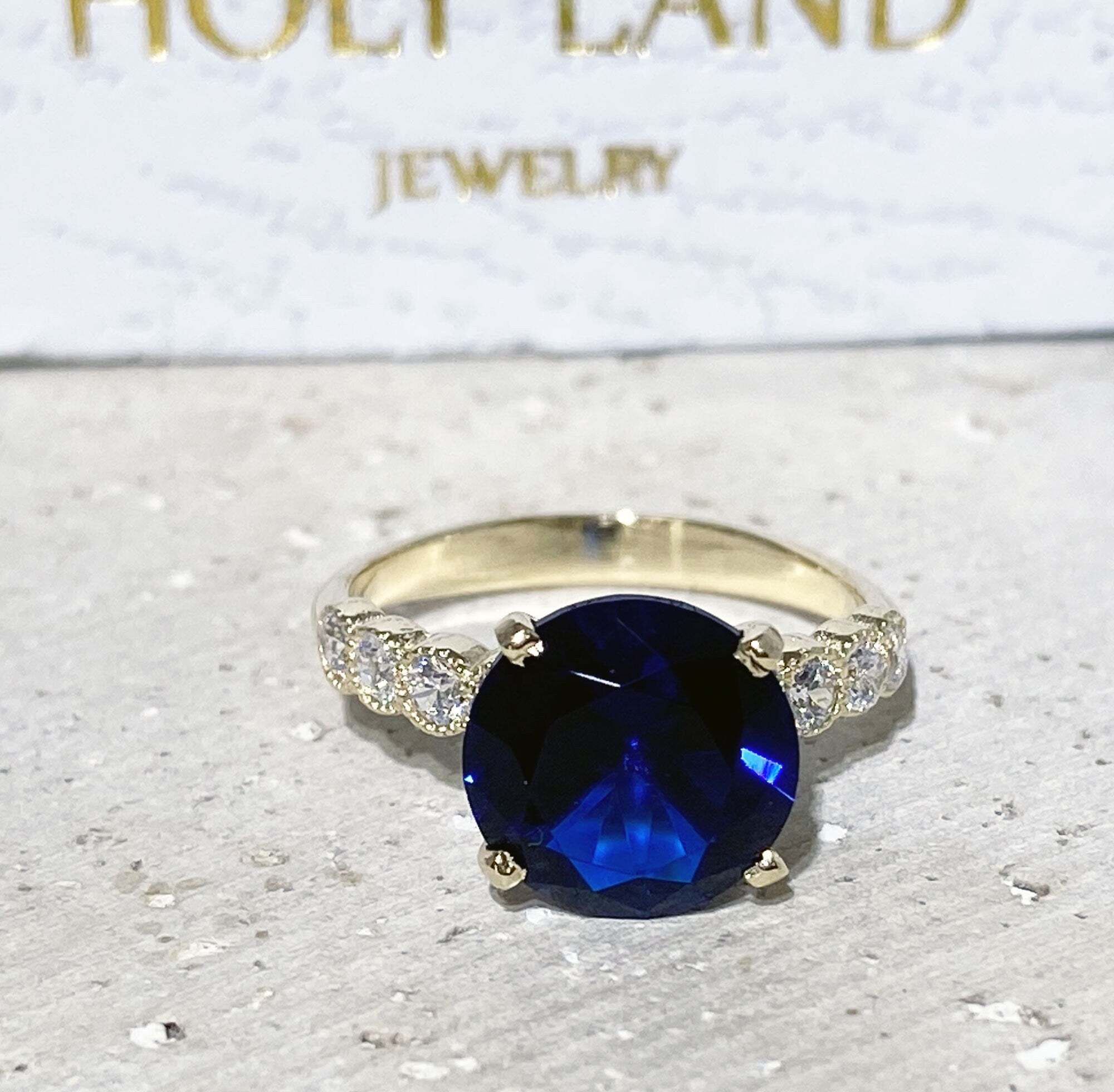 Blue Sapphire Ring - September Birthstone - Round Blue Sapphire Statement Engagement Ring with Clear Quartz Accents - H.L.Jewelry