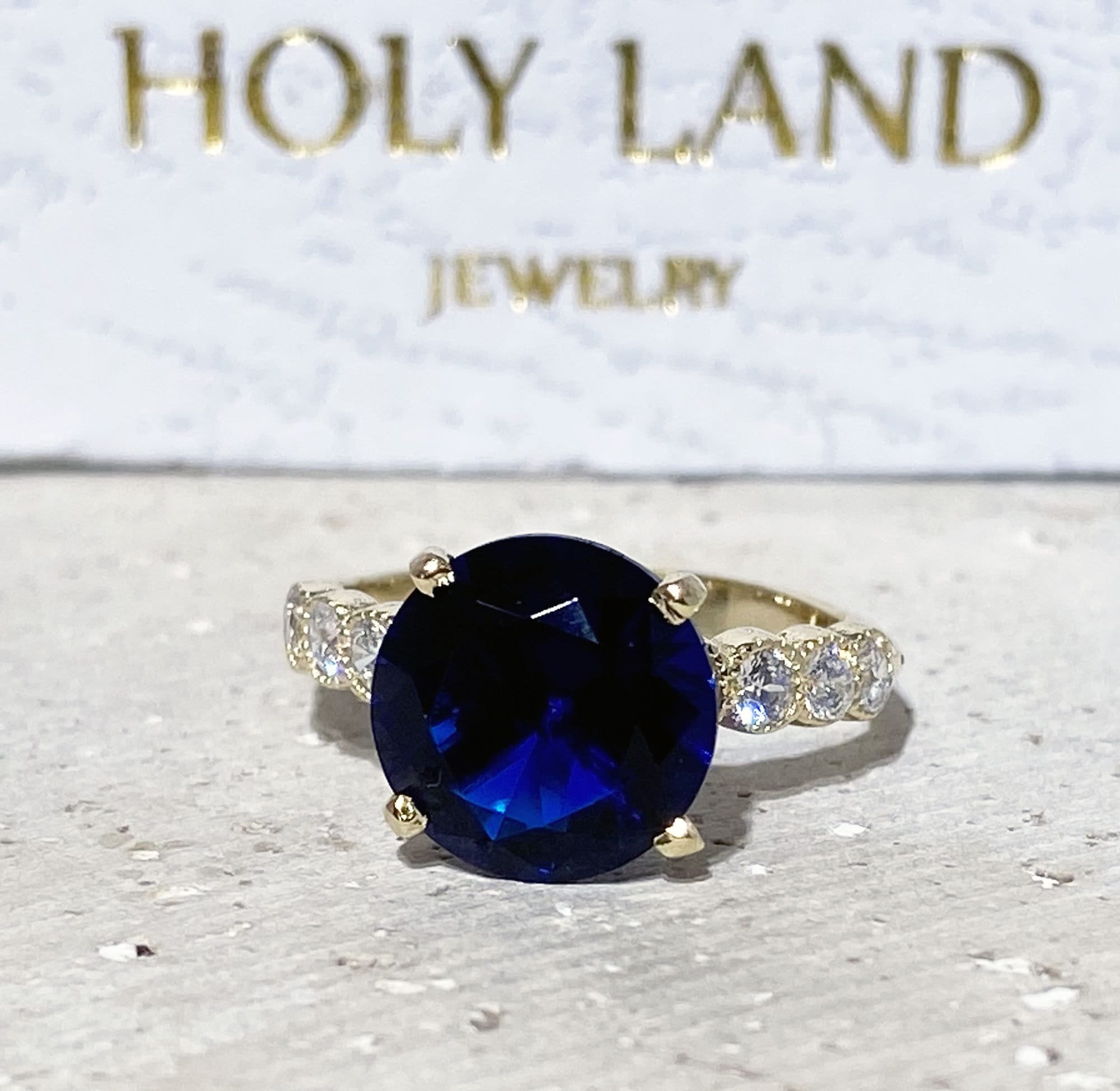 Blue Sapphire Ring - September Birthstone - Round Blue Sapphire Statement Engagement Ring with Clear Quartz Accents - H.L.Jewelry