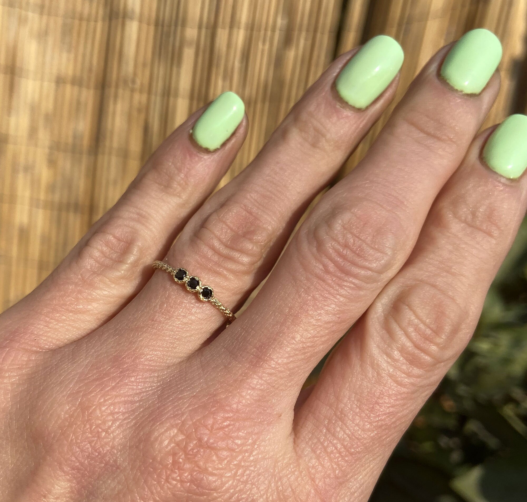 Black Onyx Ring - December Birthstone - Tiny Stacking Ring with Three Round Black Onyx Gemstones - H.L.Jewelry