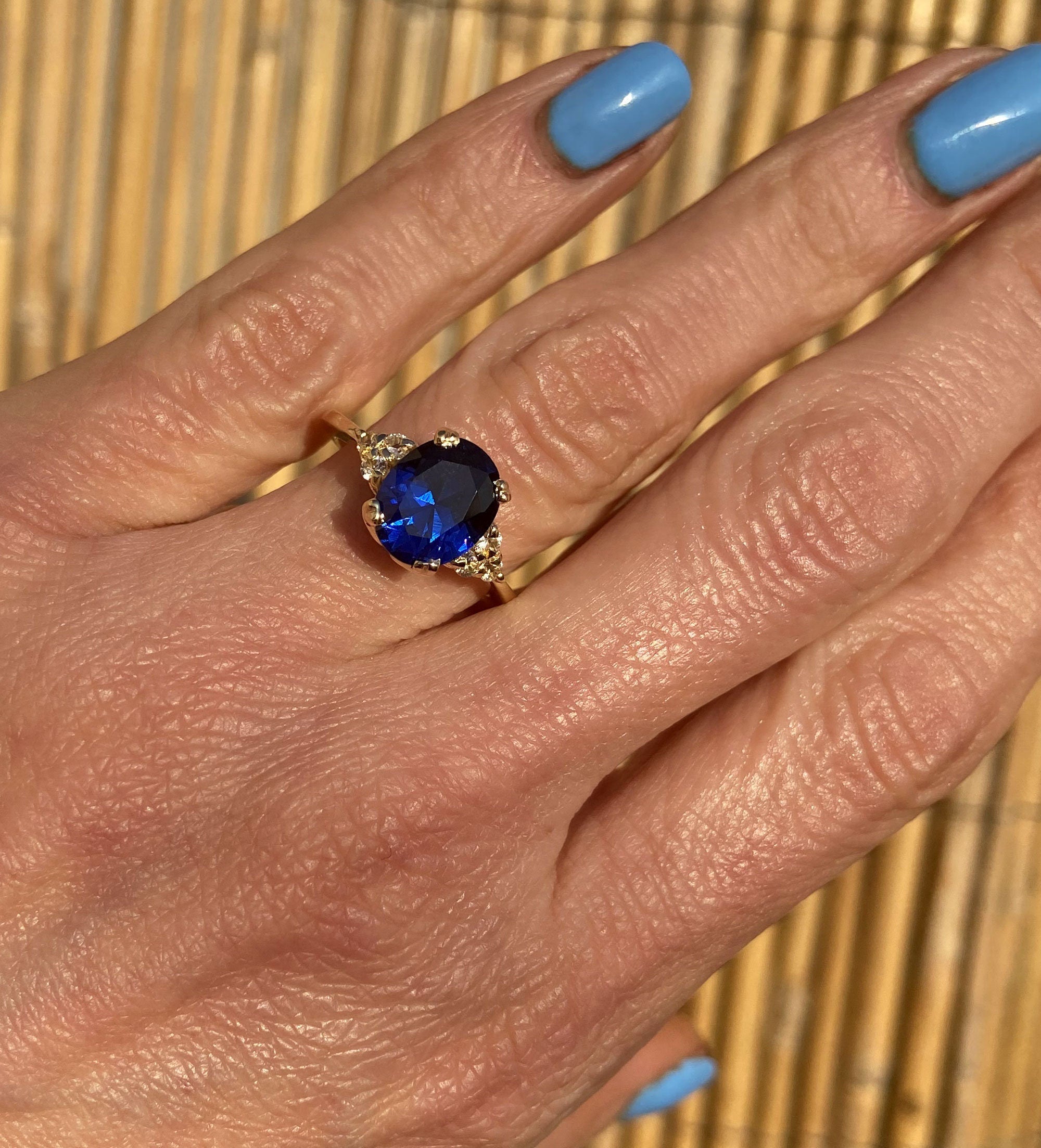 Blue Sapphire Ring - September Birthstone - Oval Blue Sapphire Statement Engagement Ring with Clear Quartz Accents - H.L.Jewelry