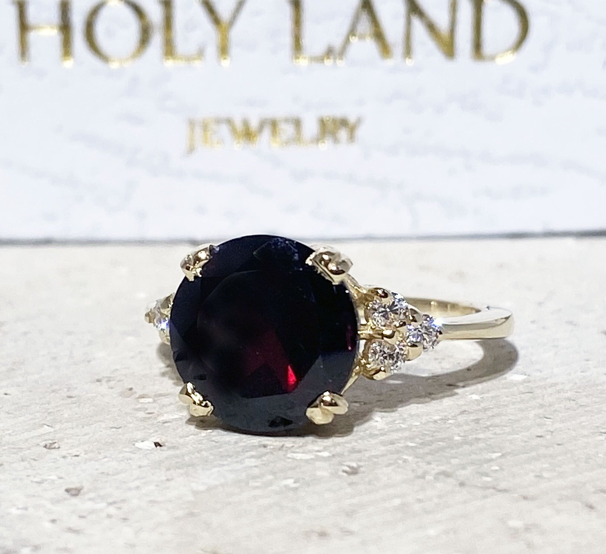 Red Garnet Ring - January Birthstone - Round Red Garnet Gemstone Statement Engagement Ring - H.L.Jewelry