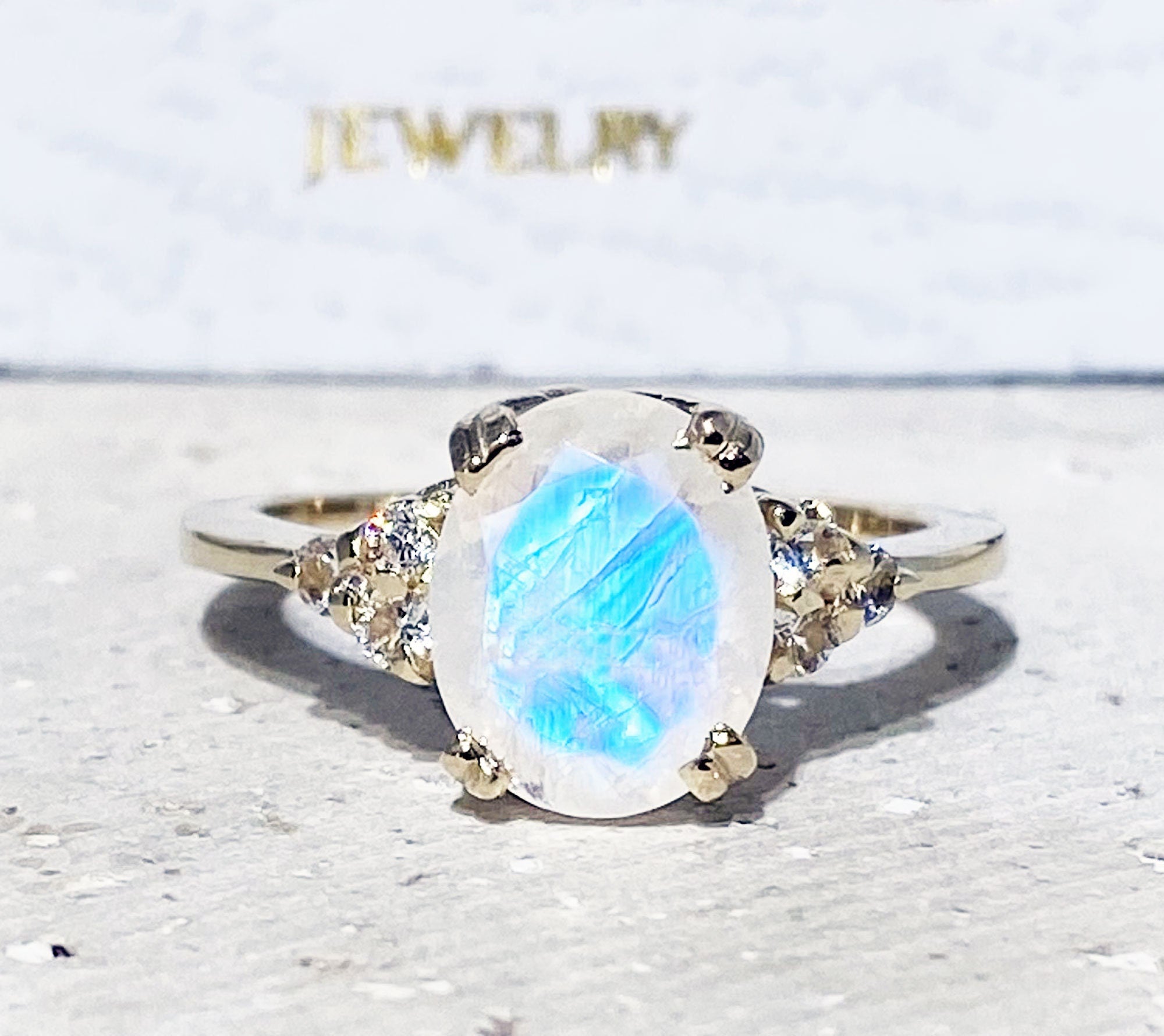 Rainbow Moonstone Ring - June Birthstone - Oval Rainbow Moonstone Statement Engagement Ring with Clear Quartz Accents - H.L.Jewelry