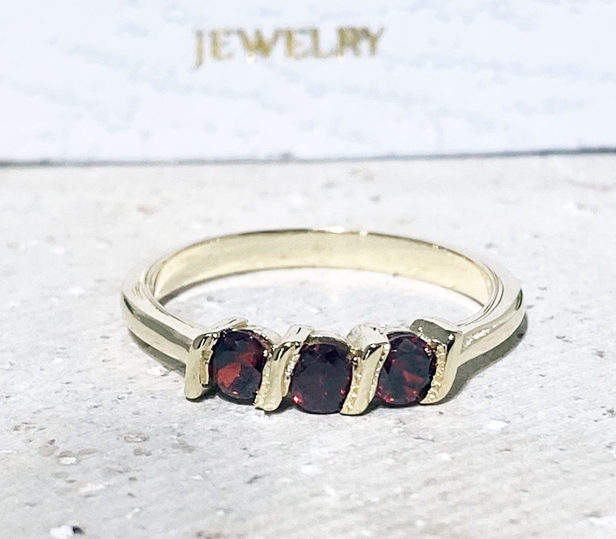 Red Garnet Ring - January Birthstone - Stacking Ring with Three Round Red Garnet Gemstone - H.L.Jewelry