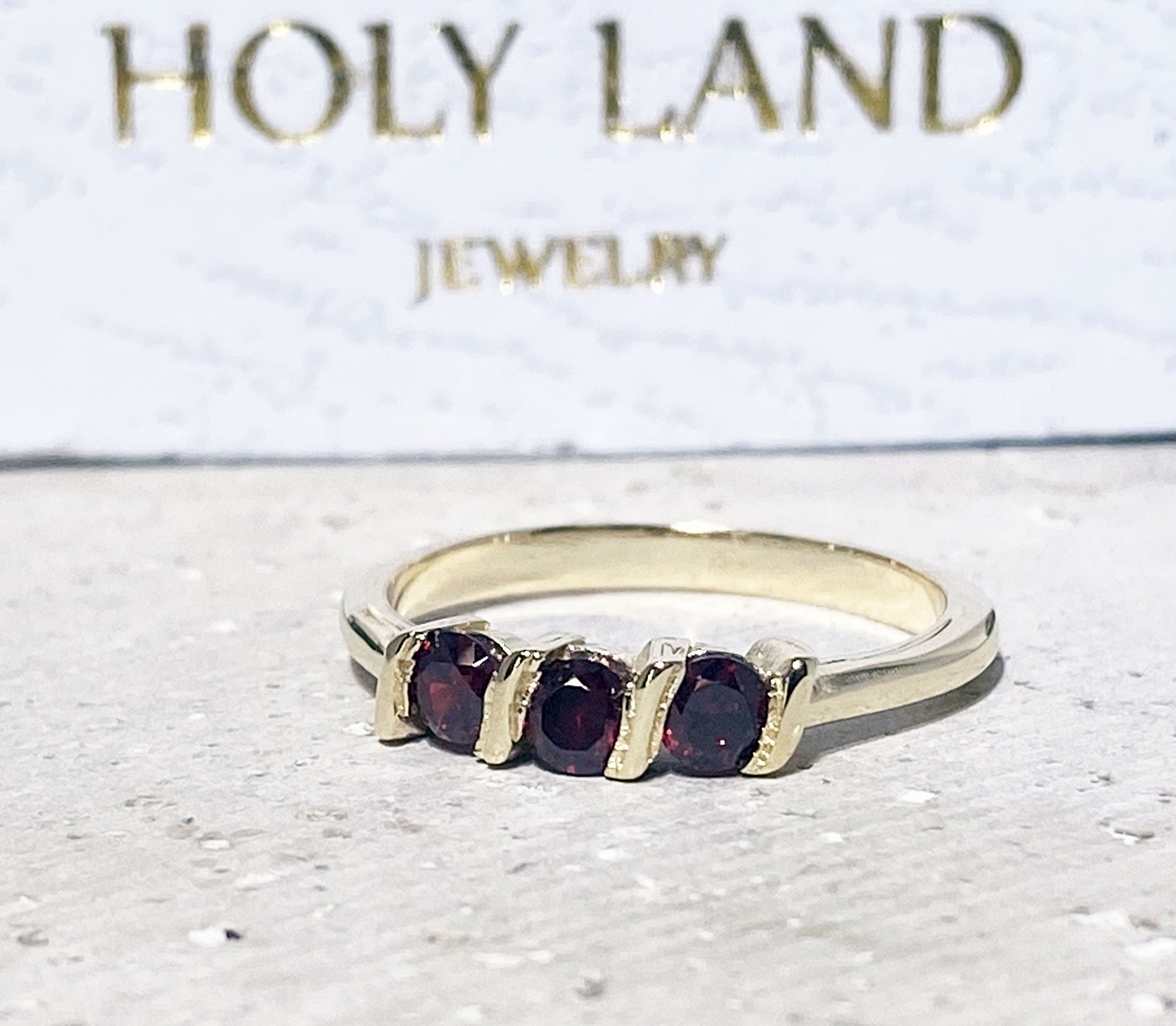 Red Garnet Ring - January Birthstone - Stacking Ring with Three Round Red Garnet Gemstone - H.L.Jewelry