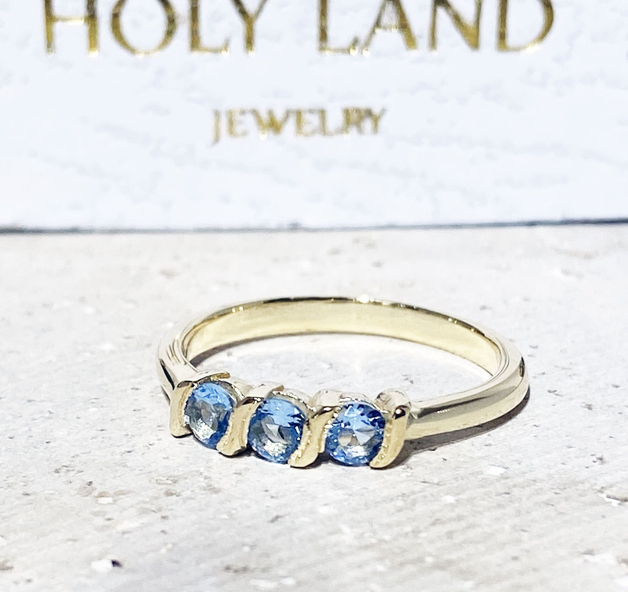 Aquamarine Ring - March Birthstone - Simple Stacking Ring with 3 Round Aquamarine Gemstones - H.L.Jewelry