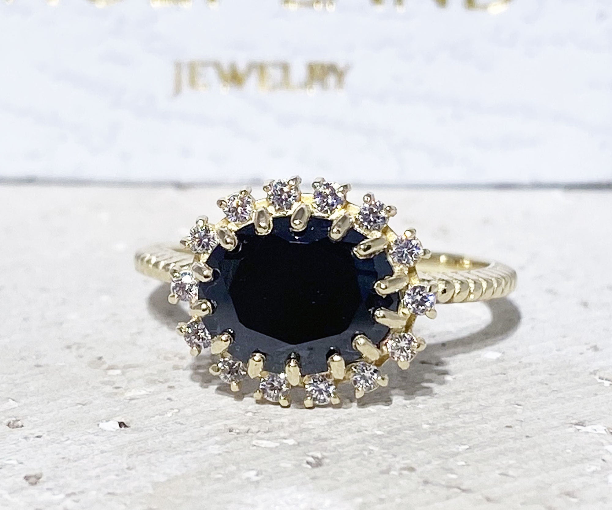 Black Onyx Ring - December BIrthstone - Engagement Ring with Oval Black Onyx Gemstone and Clear Quartz Halo - H.L.Jewelry