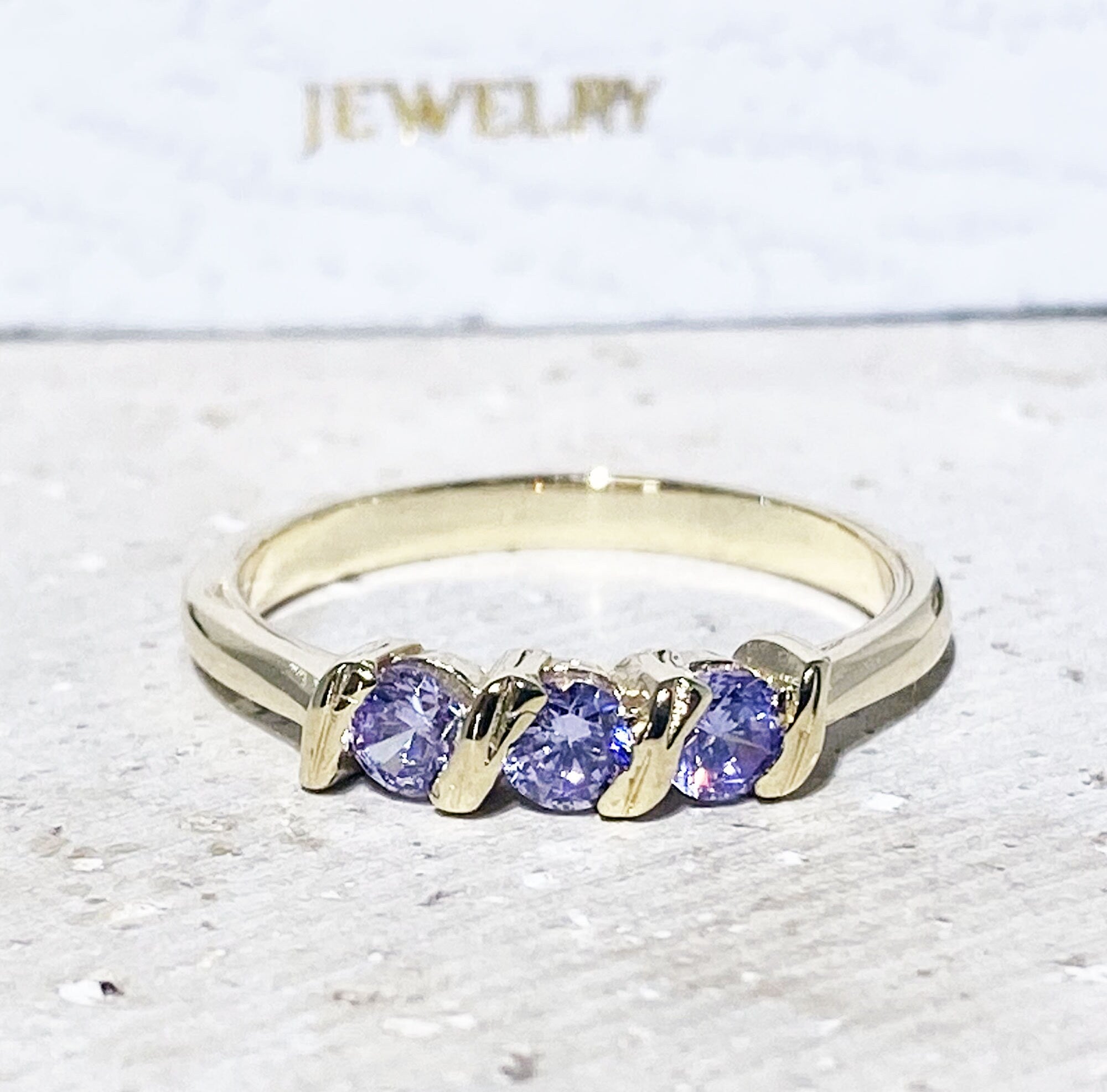 Alexandrite Ring - June Birthstone - Stacking Ring with Three Round Alexandrite Stones - H.L.Jewelry