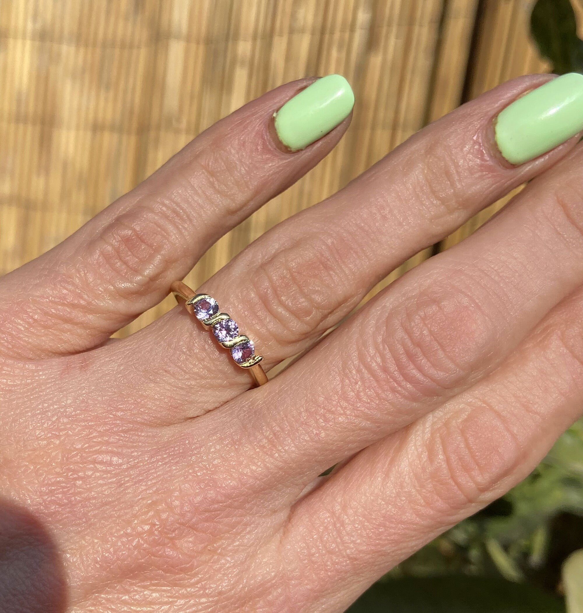 Alexandrite Ring - June Birthstone - Stacking Ring with Three Round Alexandrite Stones - H.L.Jewelry