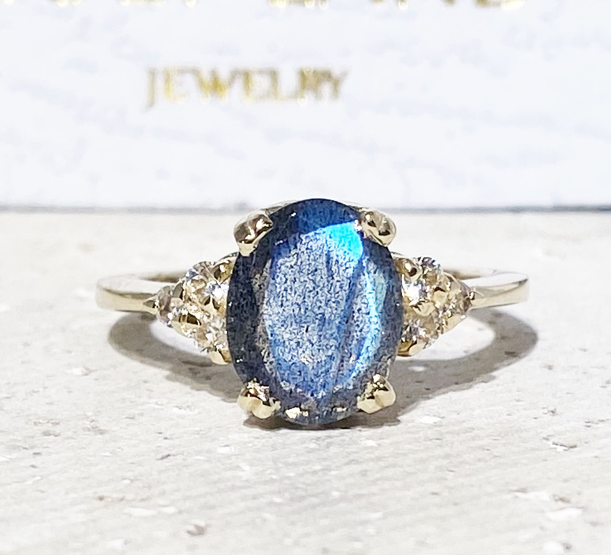 Labradorite Ring - Statement Engagement Ring with Oval Labradorite Gemstone and Clear Quartz Accents - H.L.Jewelry