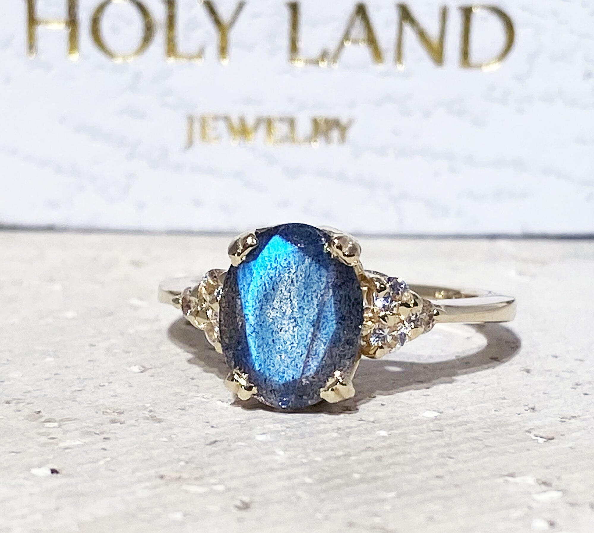 Labradorite Ring - Statement Engagement Ring with Oval Labradorite Gemstone and Clear Quartz Accents - H.L.Jewelry