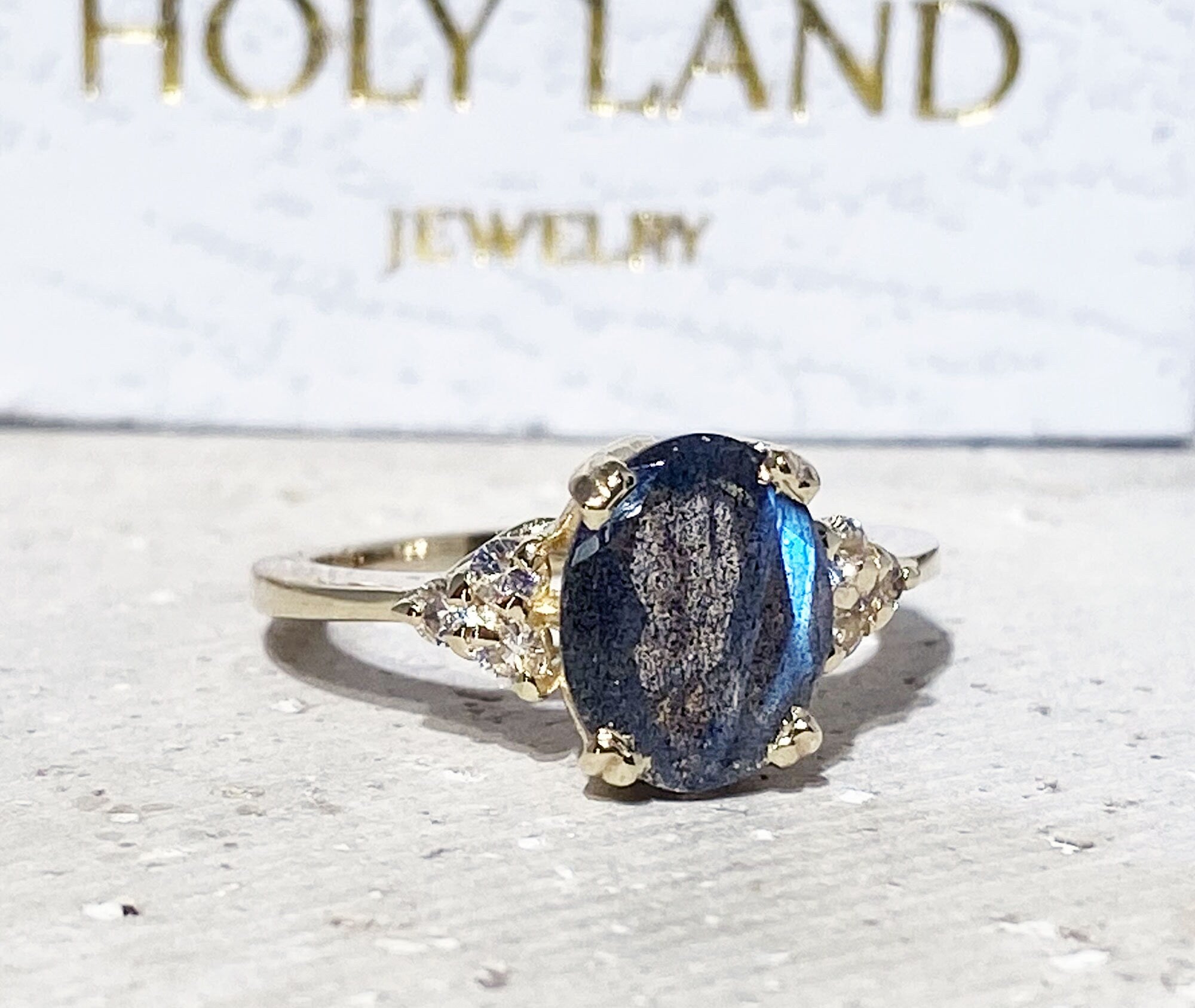 Labradorite Ring - Statement Engagement Ring with Oval Labradorite Gemstone and Clear Quartz Accents - H.L.Jewelry