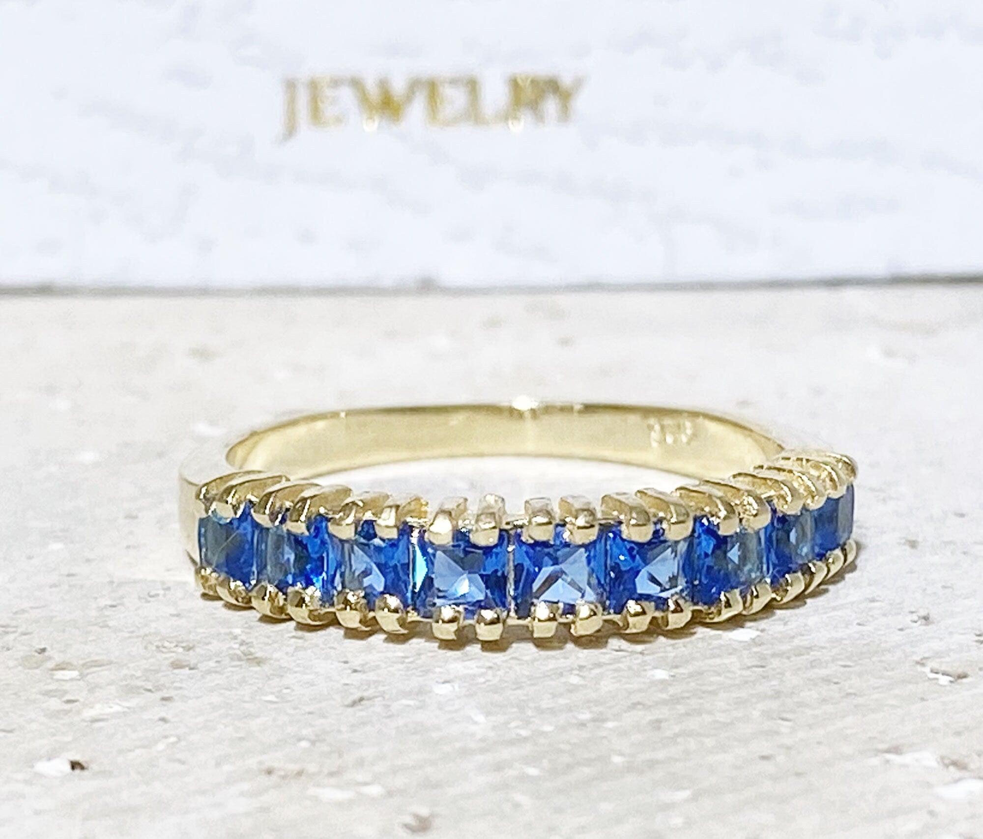 Blue Topaz Ring - December Birthstone - Stacking Ring with Nine Square Blue Topaz Gemstones - H.L.Jewelry