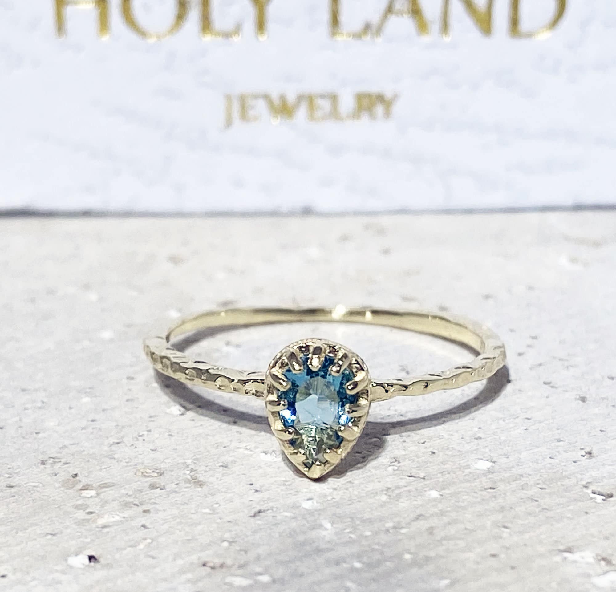 Blue Topaz Ring - December Birthstone - Delicate Hammered Ring with Pear-Shaped Blue Topaz Gemstone - H.L.Jewelry