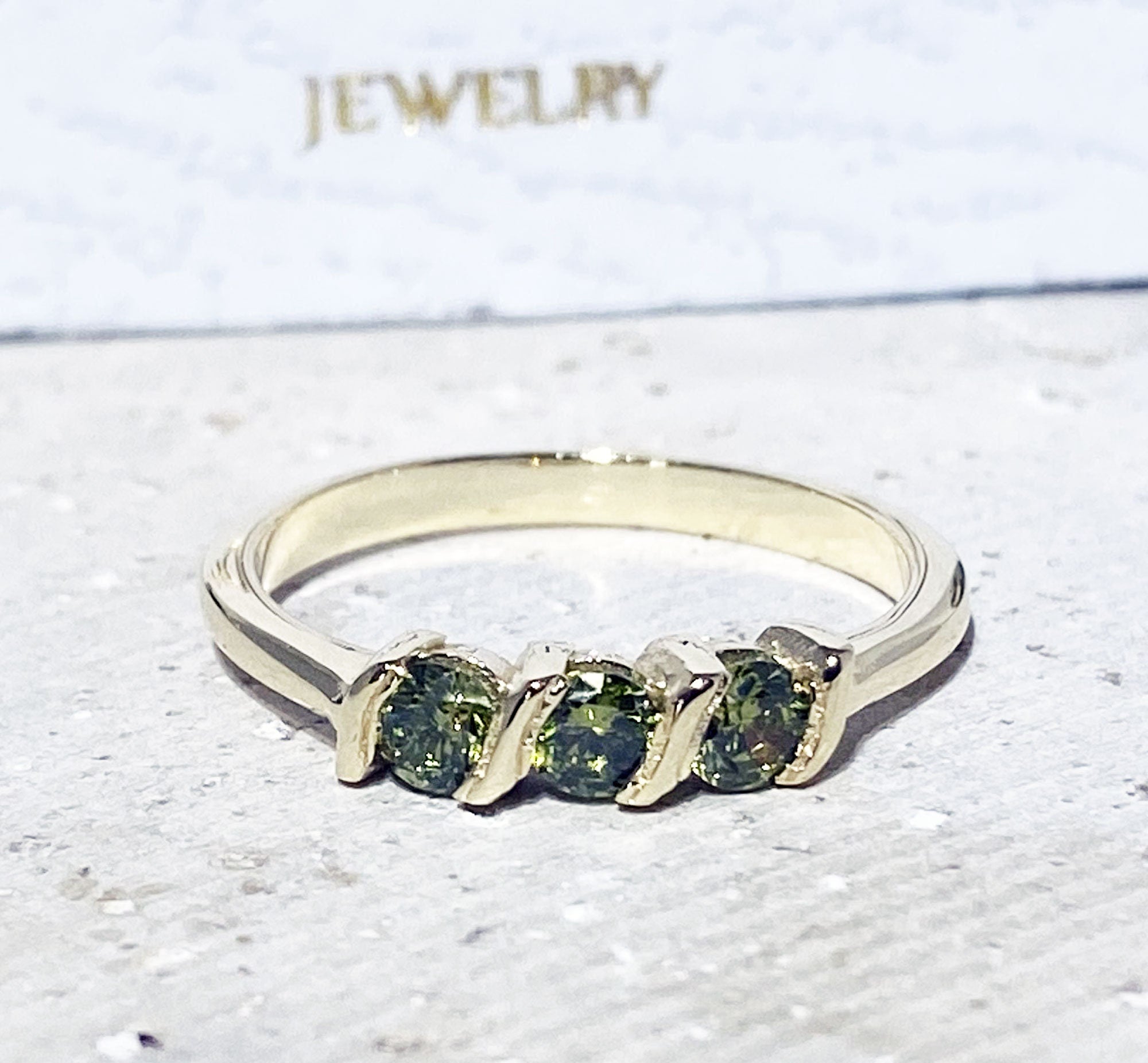 Peridot Ring - August Birthstone - Stacking Ring with Three Round Peridot Gemstones - H.L.Jewelry