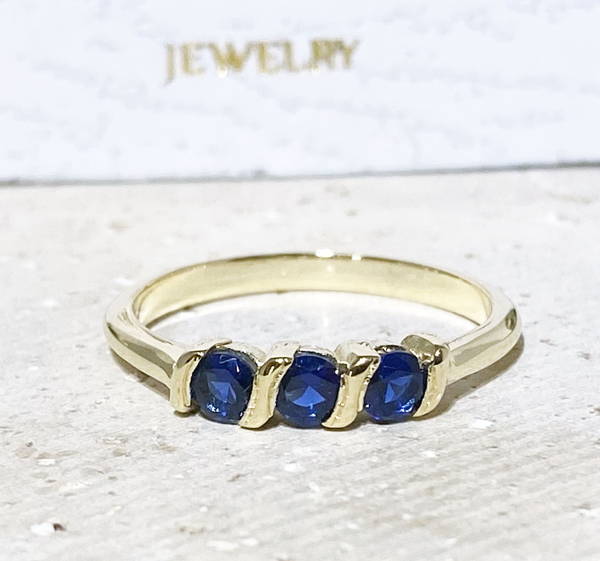 Blue Sapphire Ring - September Birthstone - Sapphire Serenity: Stacking Ring with Three Round Blue Sapphire Gemstones - H.L.Jewelry