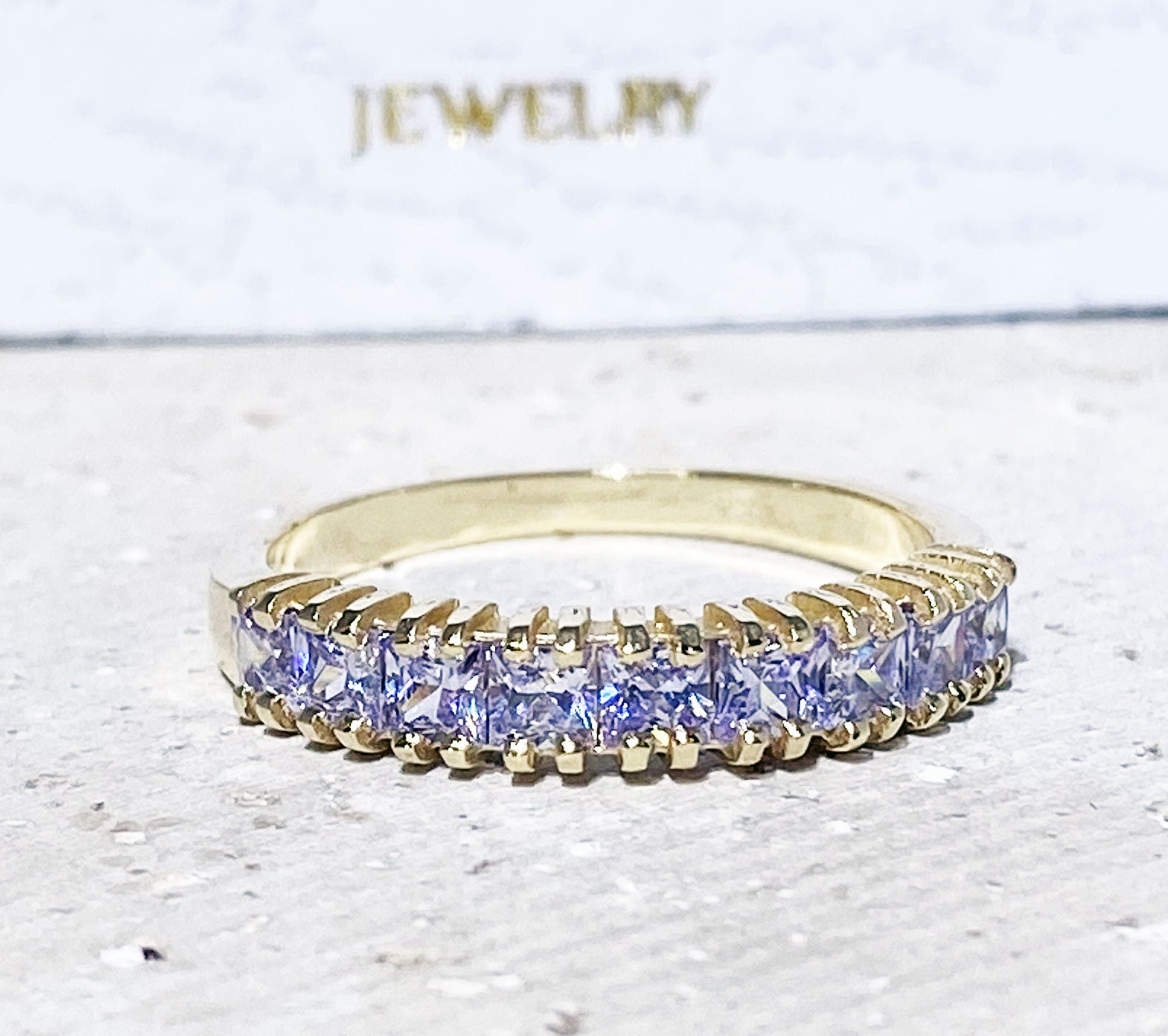 Lavender Amethyst Ring - Stacking Ring with Nine Square Lavender Amethyst Gemstones - H.L.Jewelry