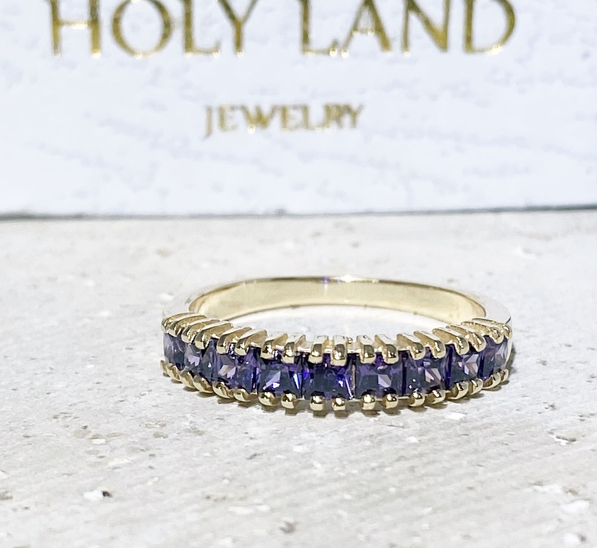 Purple Amethyst Ring - February Birthstone - Stacking Ring with Nine Square Purple Amethyst Stones - H.L.Jewelry