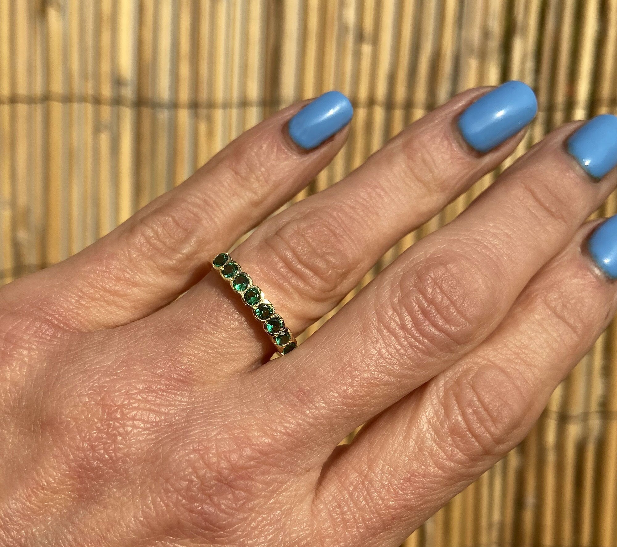 Emerald Ring - May Birthstone Jewelry - Stacking Half Eternity Ring with Eight Round Emeralds - H.L.Jewelry