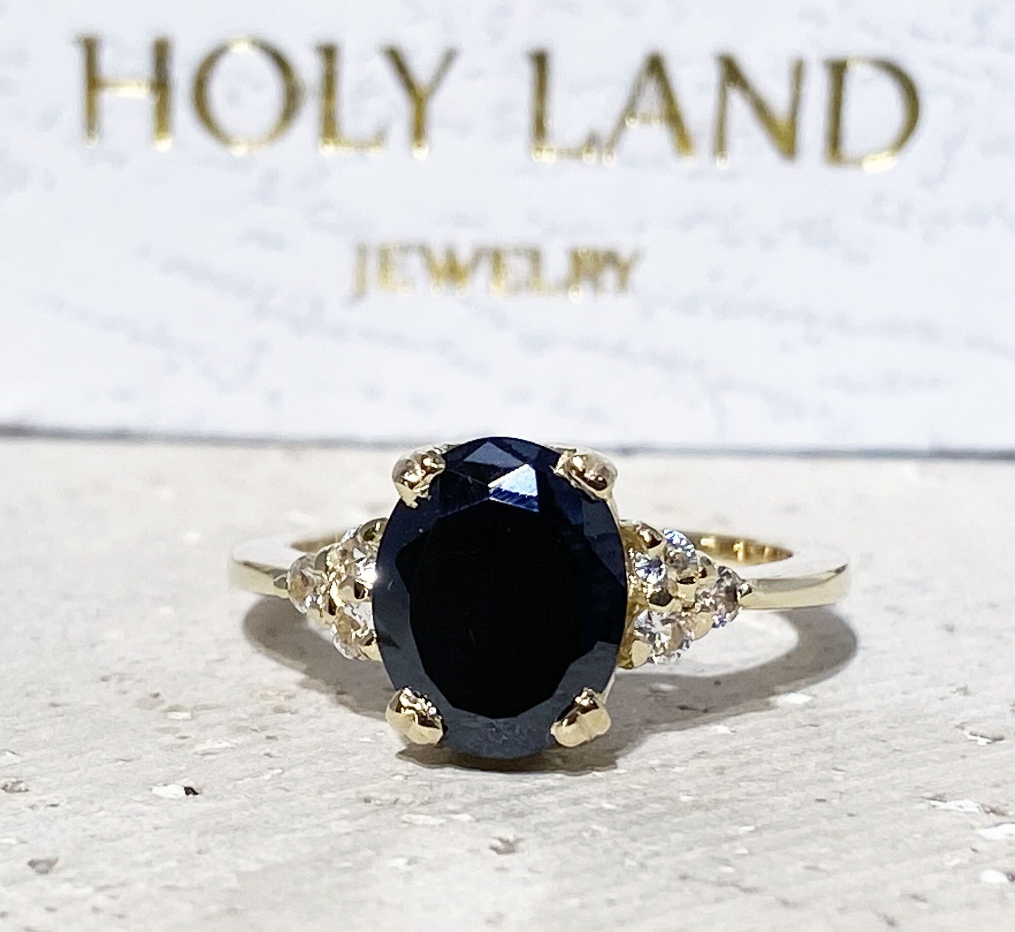 Black Onyx Ring - December Birthstone - Statement Engagement Ring with Oval Black Onyx Gemstone and Clear Quartz Accents - H.L.Jewelry