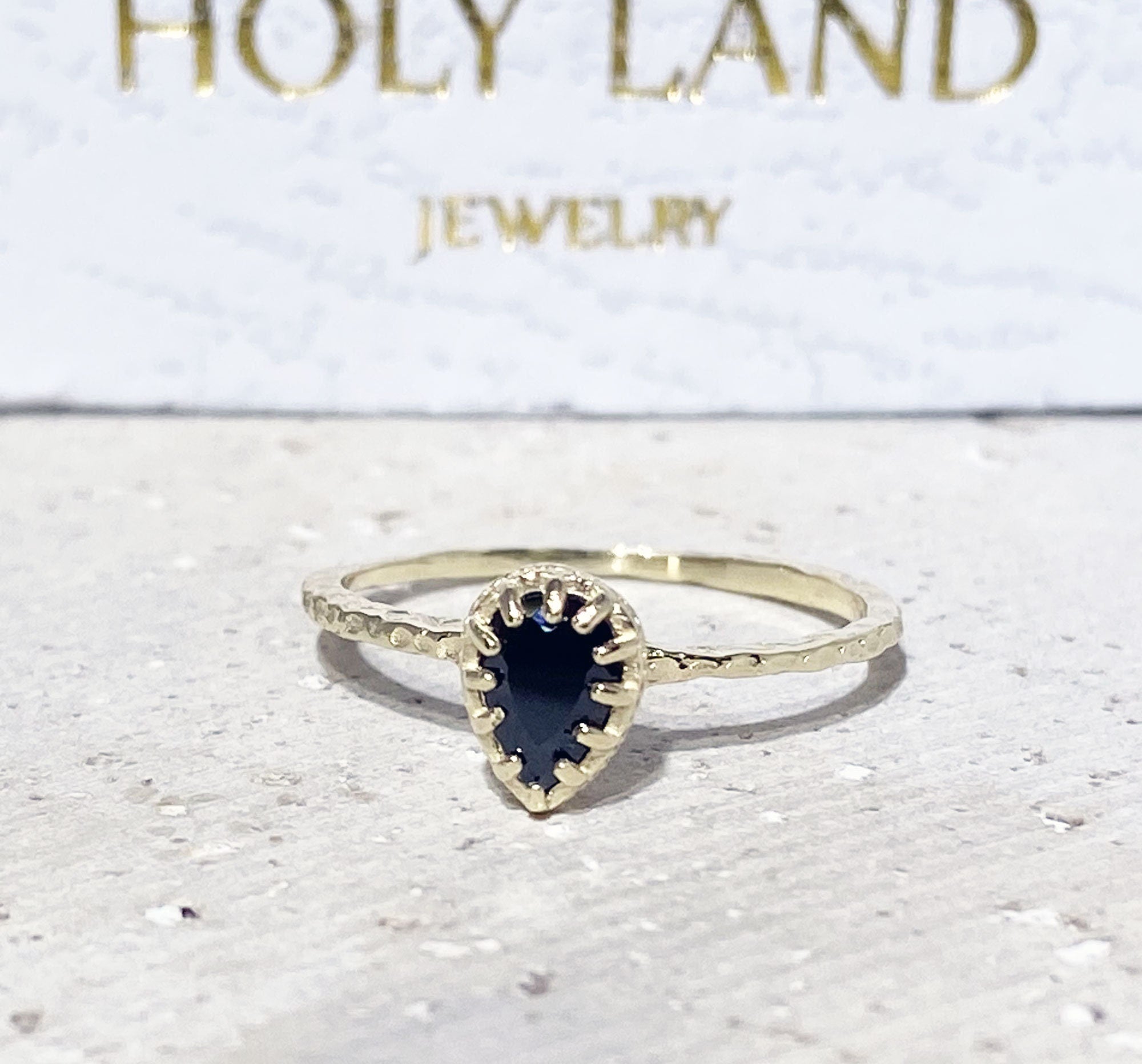 Black Onyx Ring - December Birthstone - Delicate Hammered Ring with Pear-Shaped Black Onyx Gemstone - H.L.Jewelry