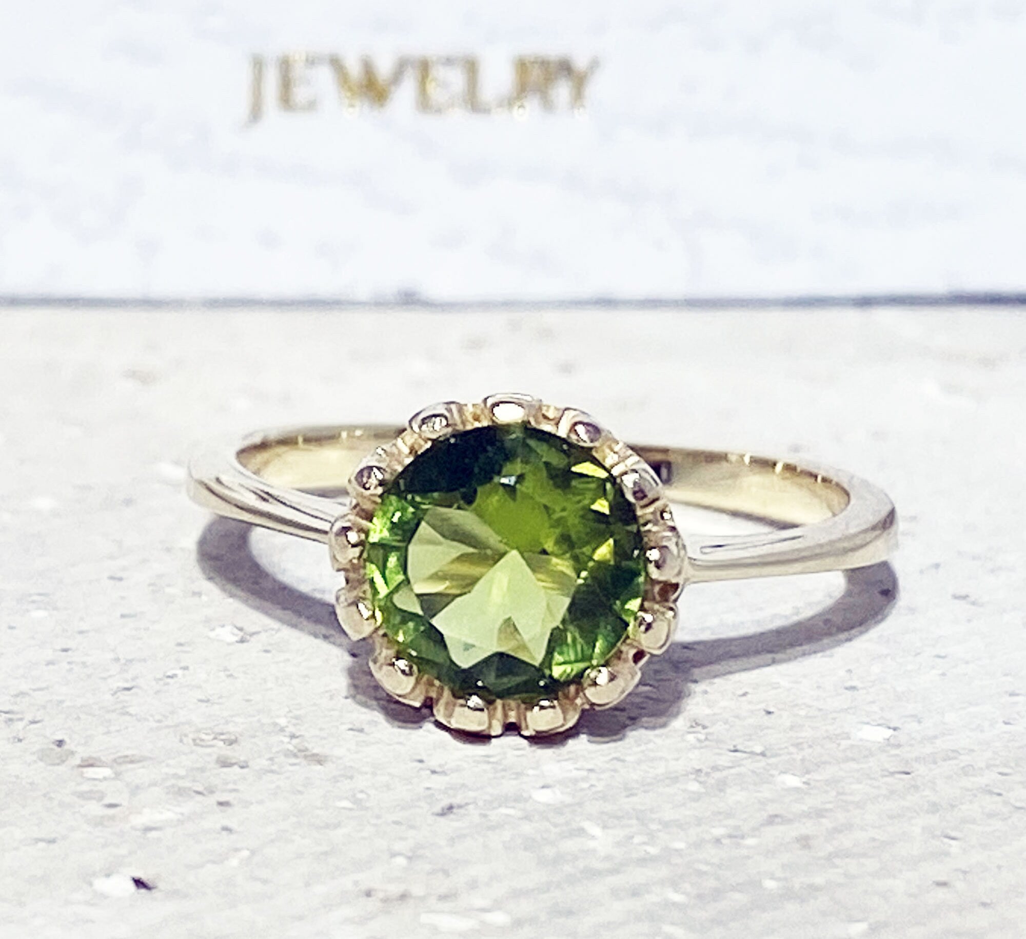 Peridot Ring - August Birthstone - Peridot Gemstone Round Crown Ring - H.L.Jewelry