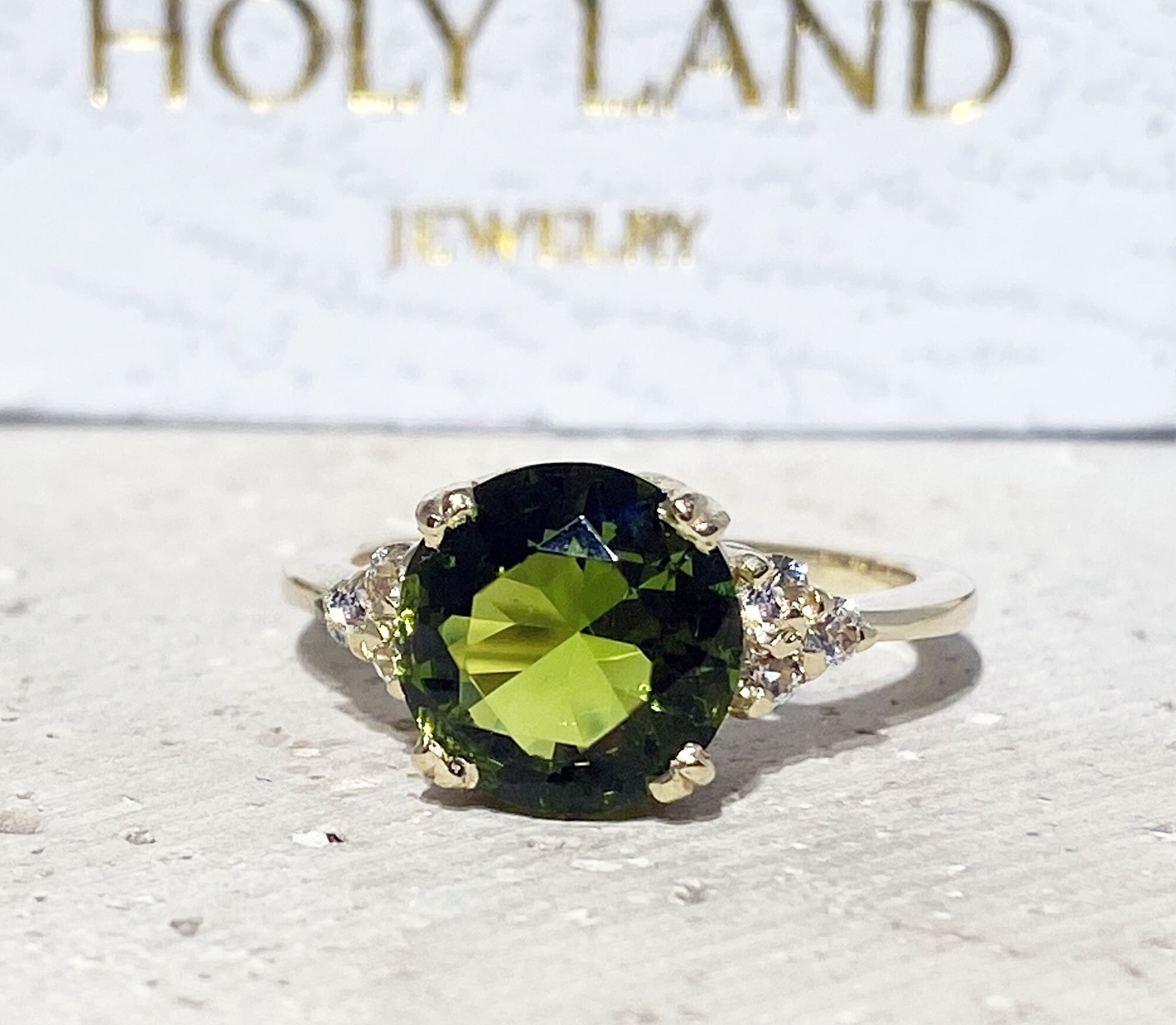 Peridot Ring - August Birthstone - Statement Engagement Ring with Round Peridot Gemstone and Clear Quartz Accents - H.L.Jewelry