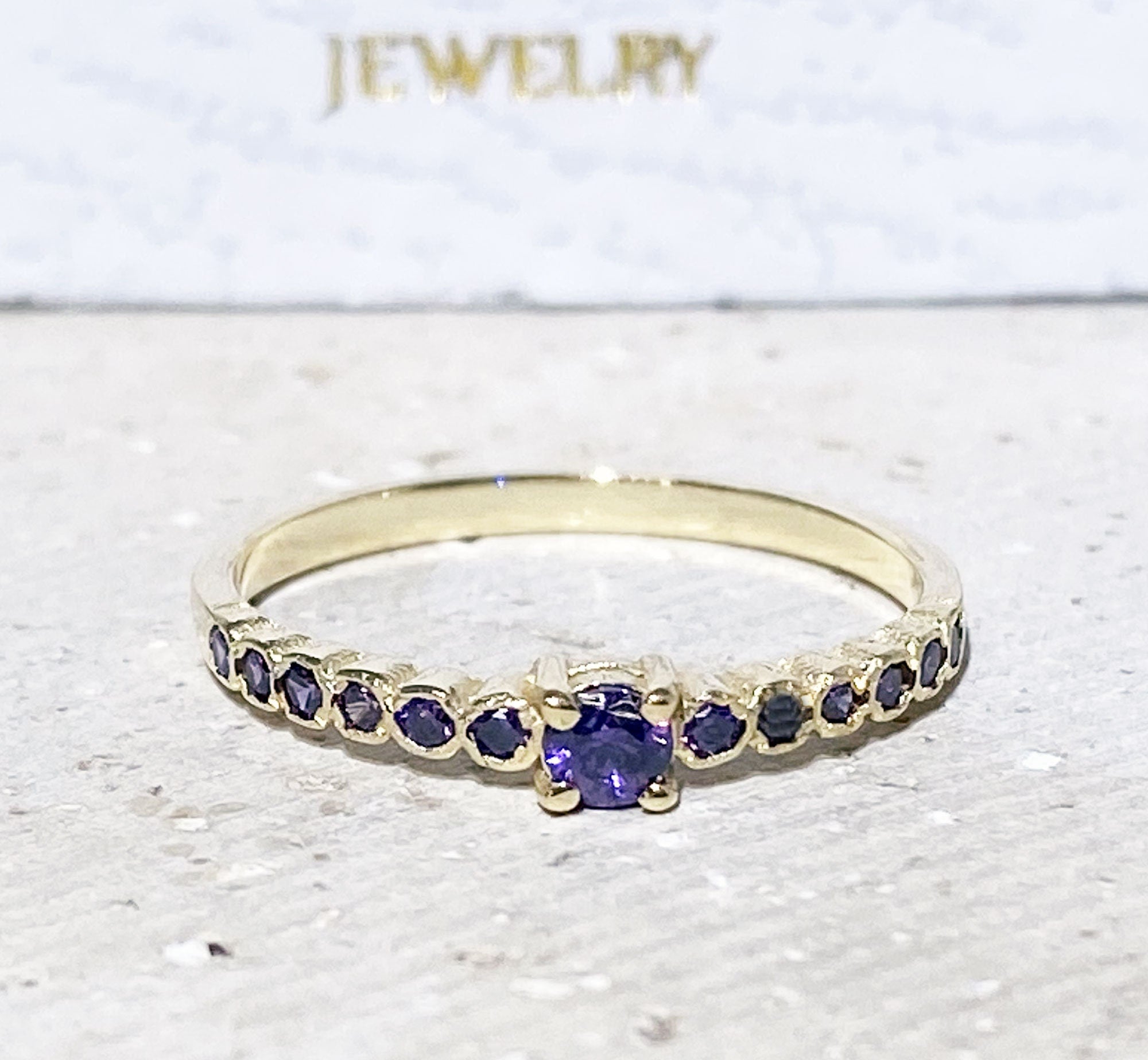 Amethyst Ring - February Birthstone - Delicate Stacking Ring with Purple Amethyst Gemstones - H.L.Jewelry