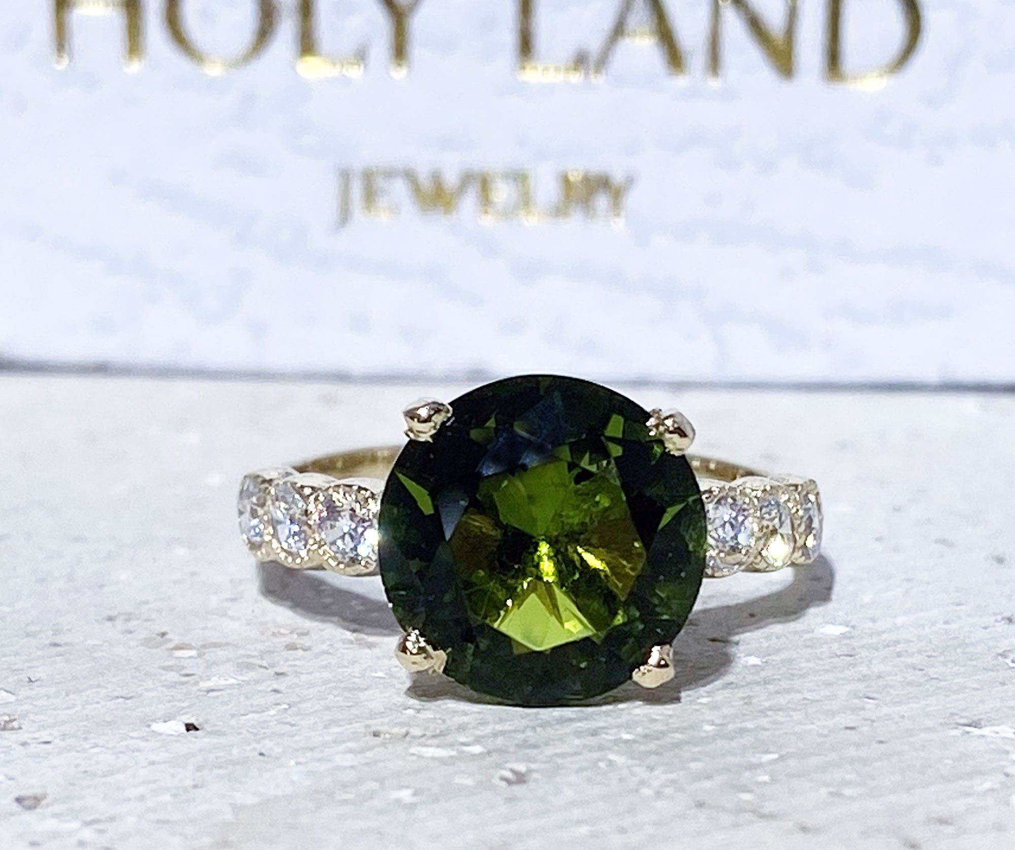 Peridot Ring - August Birthstone - Statement Engagement Ring with Round Peridot Gemstone and Clear Quartz Accents - H.L.Jewelry