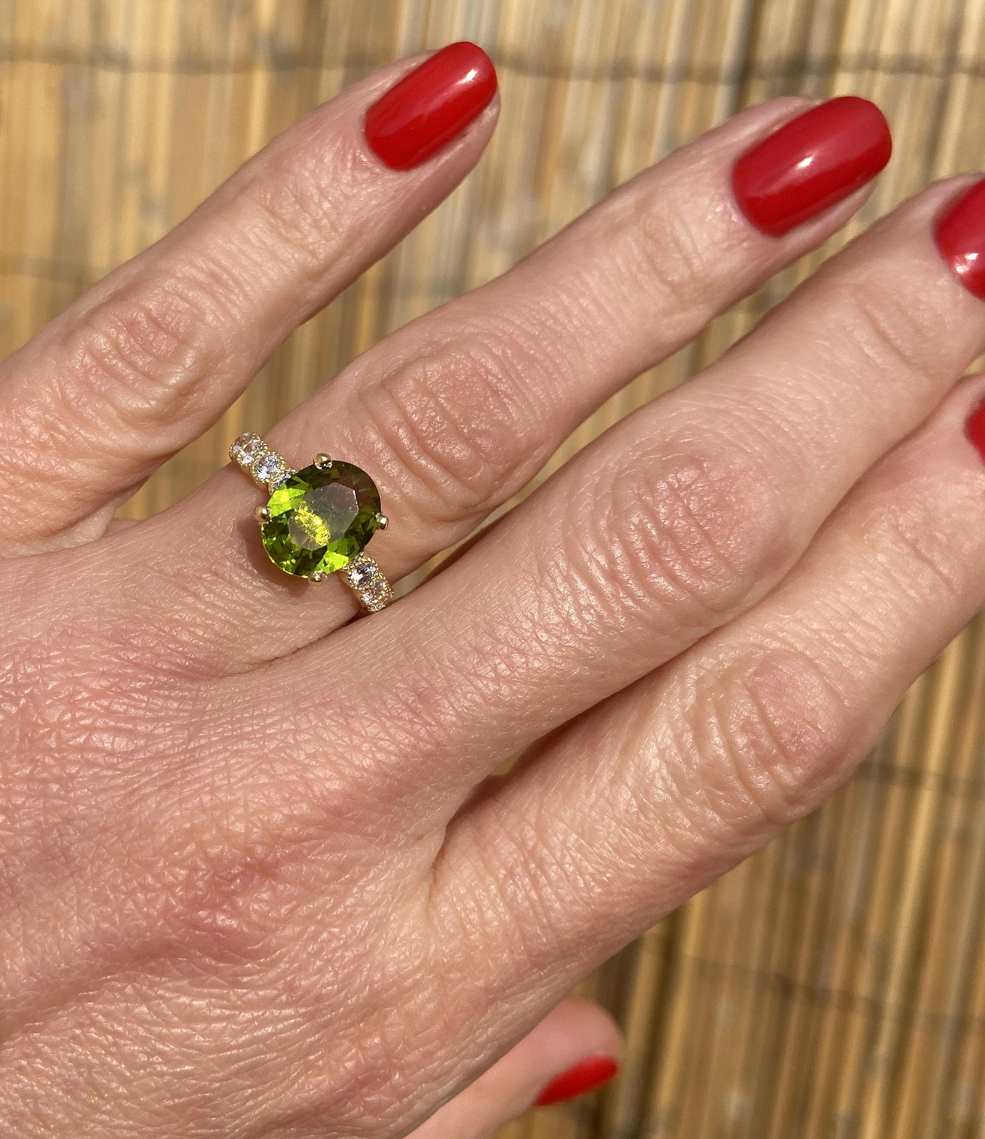 Peridot Ring - August Birthstone - Oval Peridot Gemstone Statement Engagement Ring with Clear Quartz Accents - H.L.Jewelry