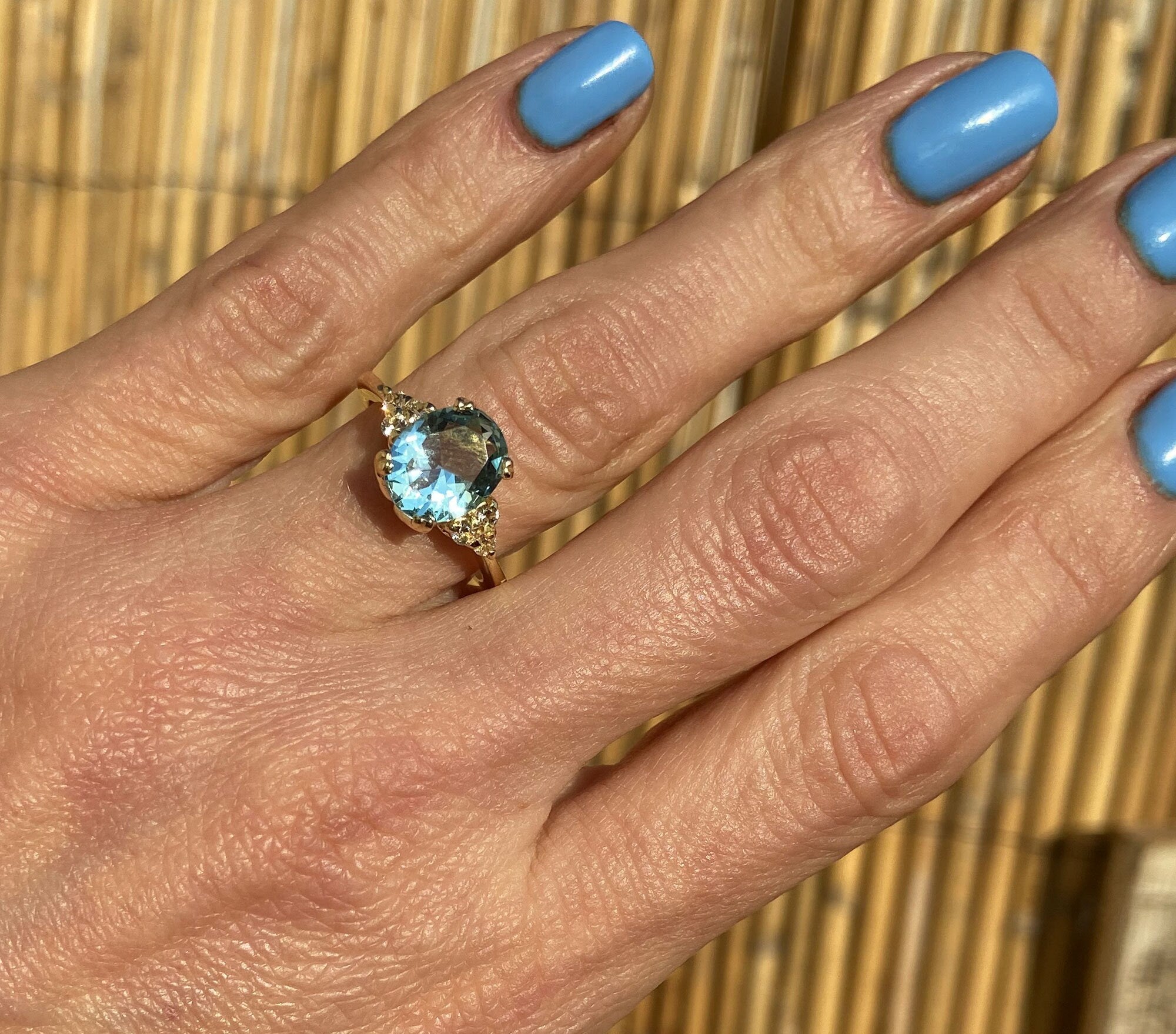 Aquamarine Ring - March Birthstone - Statement Engagement Ring with Oval Aquamarine Gemstone and Clear Quartz Accents - H.L.Jewelry