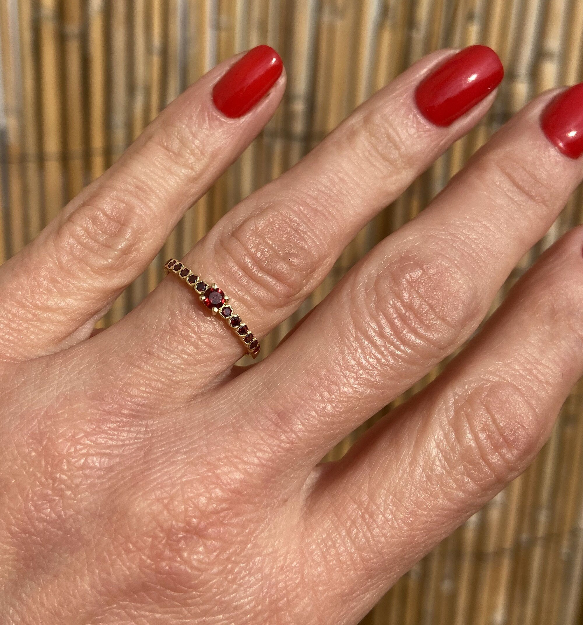 Red Garnet Ring - Gold Ring - Stack Ring - January Birthstone - Dainty Ring - Tiny Ring - Slim Band - Simple Jewelry - Bezel Set Ring - H.L.Jewelry