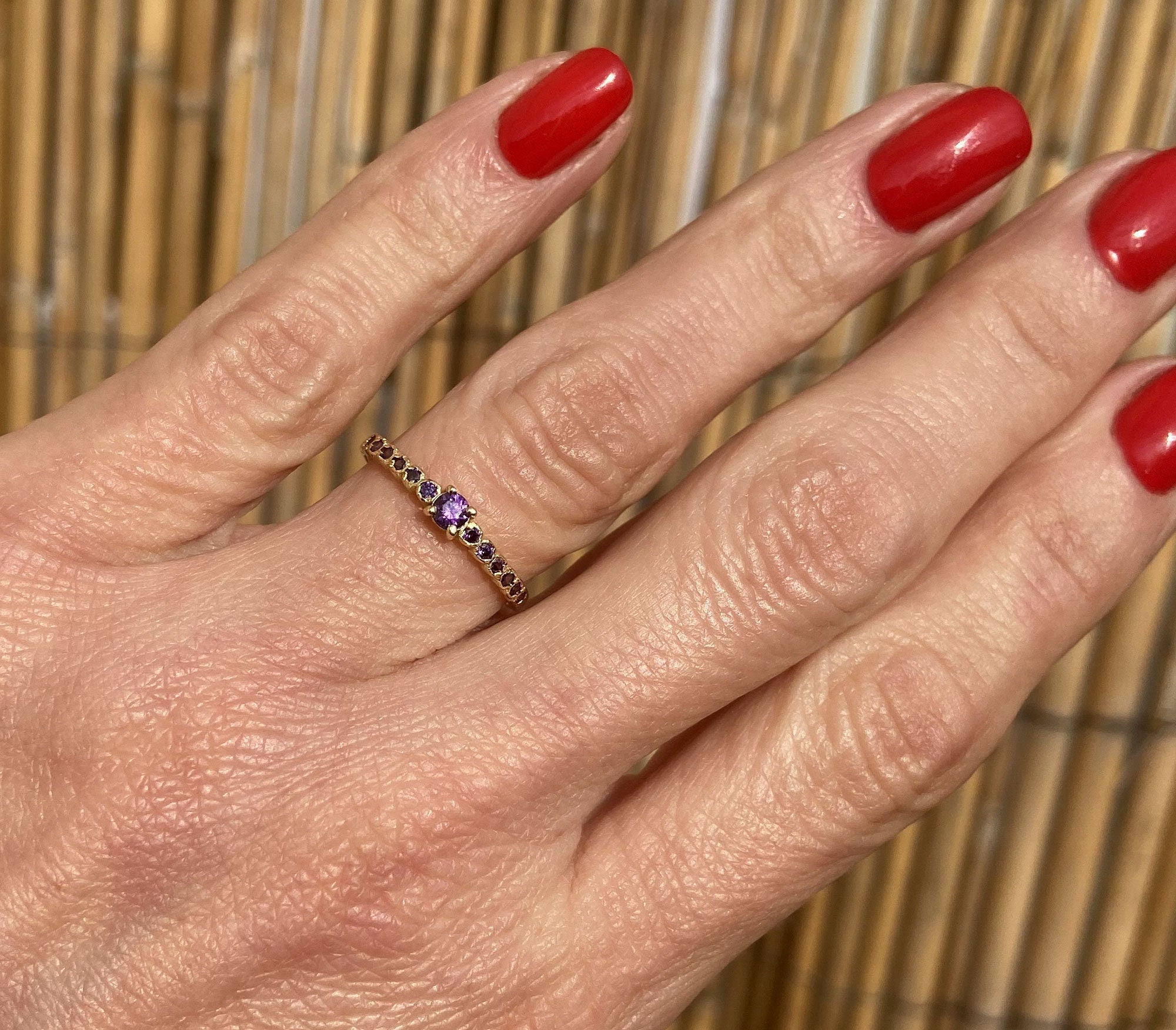 Amethyst Ring - February Birthstone - Delicate Stacking Ring with Purple Amethyst Gemstones - H.L.Jewelry