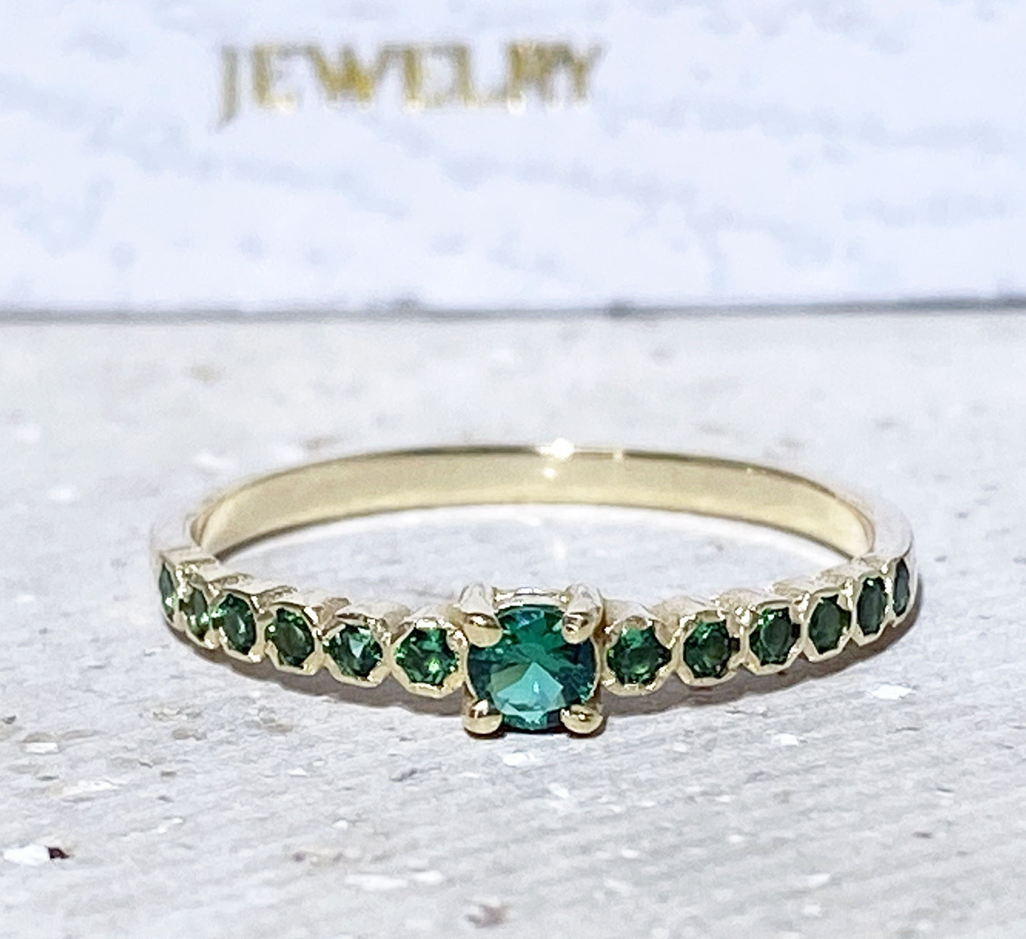 Emerald Ring - May Birthstone - Delicate Stacking Half Eternity Ring with Thirteen Round Emerald Gemstones - H.L.Jewelry